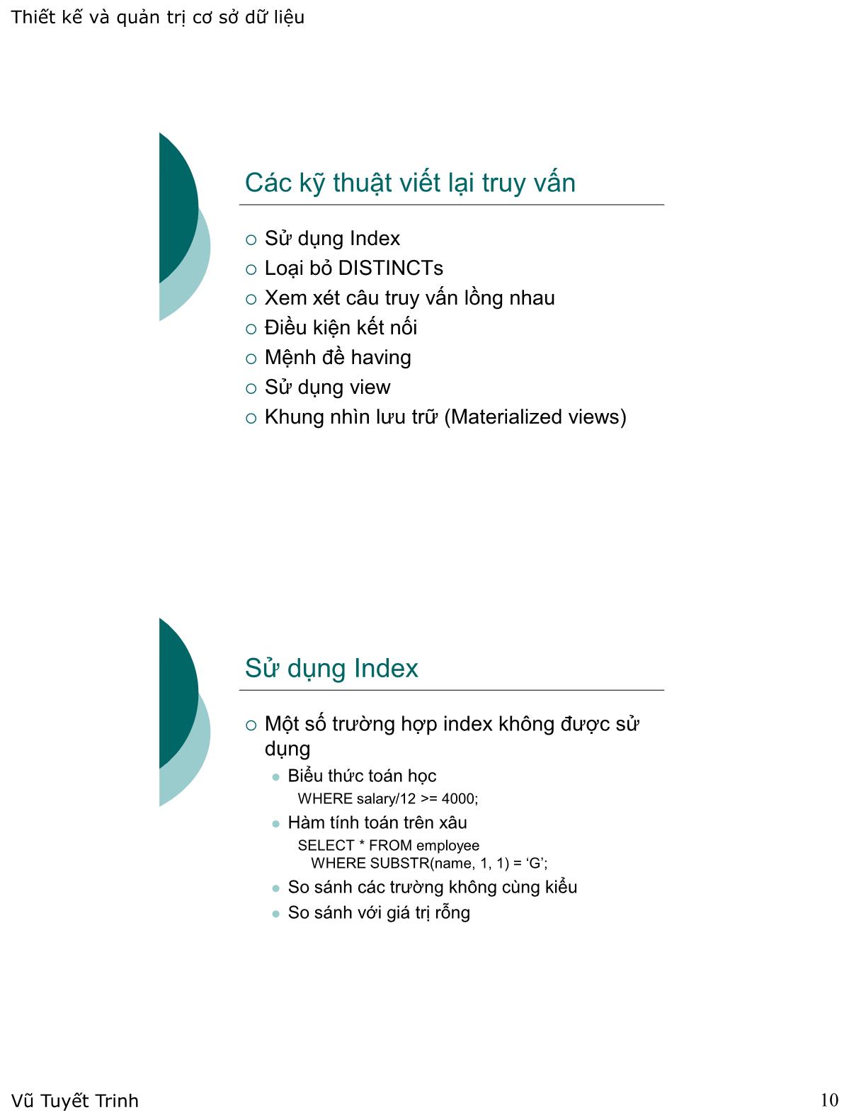 Bài giảng Thiết kế và quản trị cơ sở dữ liệu - Xử lý truy vấn và hiệu năng hệ cơ sở dữ liệu trang 10