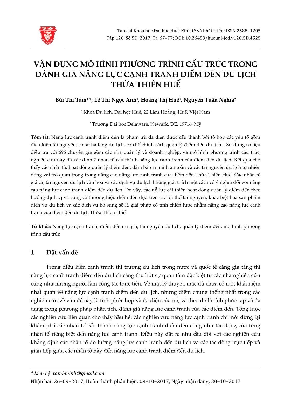 Vận dụng mô hình phương trình cấu trúc trong đánh giá năng lực cạnh tranh điểm đến du lịch Thừa Thiên Huế trang 1