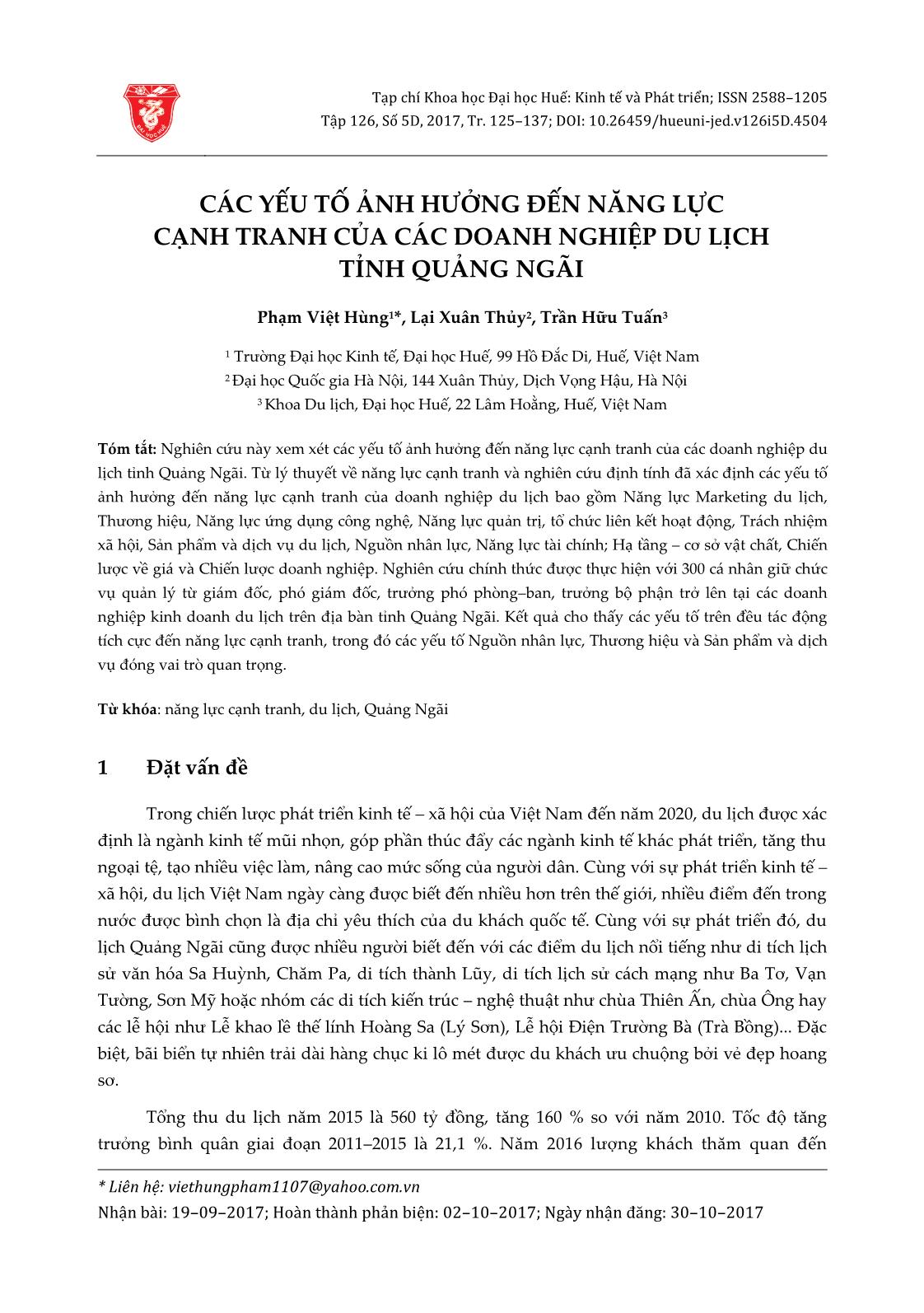 Các yếu tố ảnh hưởng đến năng lực cạnh tranh của các doanh nghiệp du lịch tỉnh Quảng Ngãi trang 1