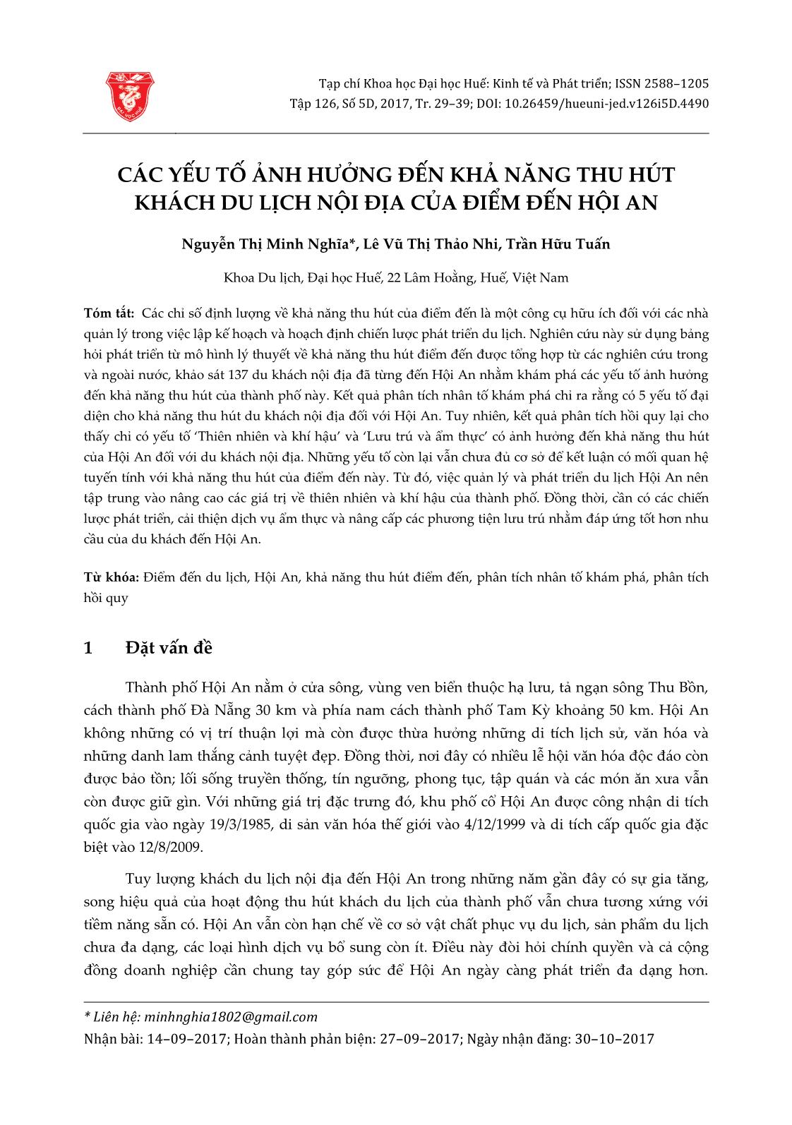 Các yếu tố ảnh hưởng đến khả năng thu hút khách du lịch nội địa của điểm đến Hội An trang 1