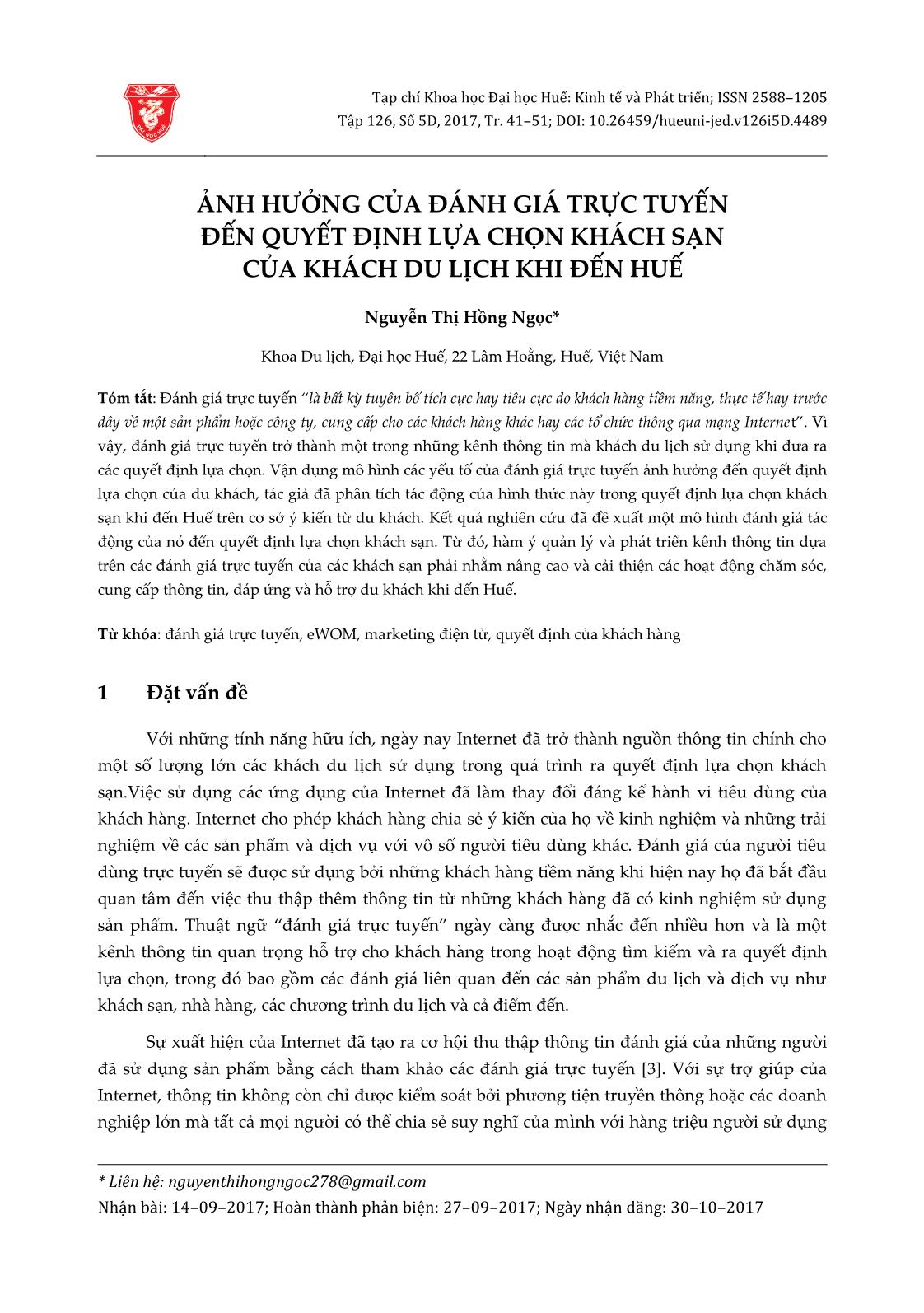 Ảnh hưởng của đánh giá trực tuyến đến quyết định lựa chọn khách sạn của khách du lịch khi đến Huế trang 1