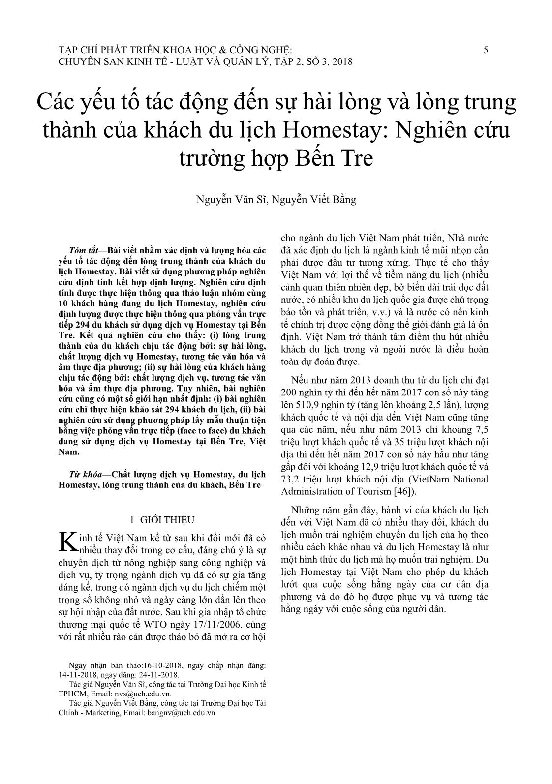 Các yếu tố tác động đến sự hài lòng và lòng trung thành của khách du lịch Homestay: Nghiên cứu trường hợp Bến Tre trang 1