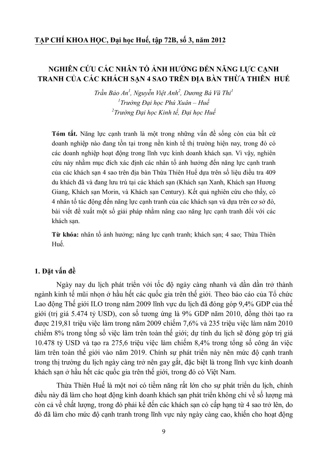 Nghiên cứu các nhân tố ảnh hưởng đến năng lực cạnh tranh của các khách sạn 4 sao trên địa bàn Thừa Thiên Huế trang 1