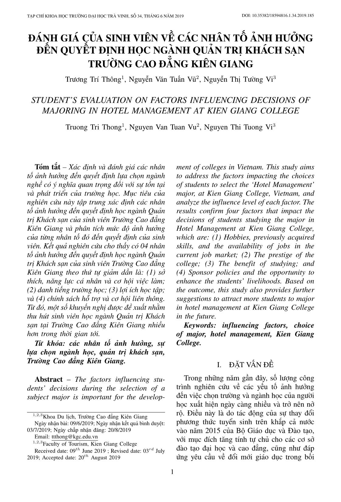 Đánh giá của sinh viên về các nhân tố ảnh hưởng đến quyết định học ngành Quản trị Khách sạn, trường Cao Đẳng Kiên Giang trang 1