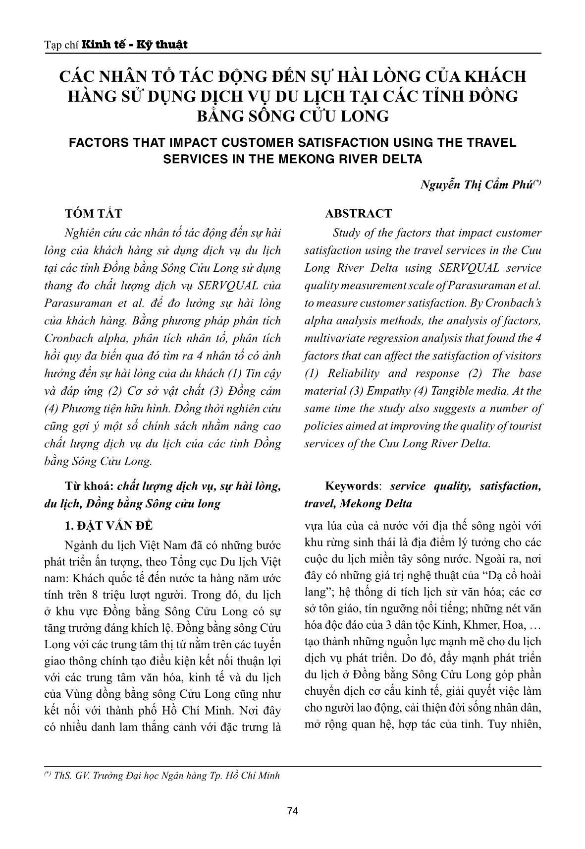 Các nhân tố tác động đến sự hài lòng của khách hàng sử dụng dịch vụ du lịch tại các tỉnh Đồng bằng sông Cửu Long trang 1