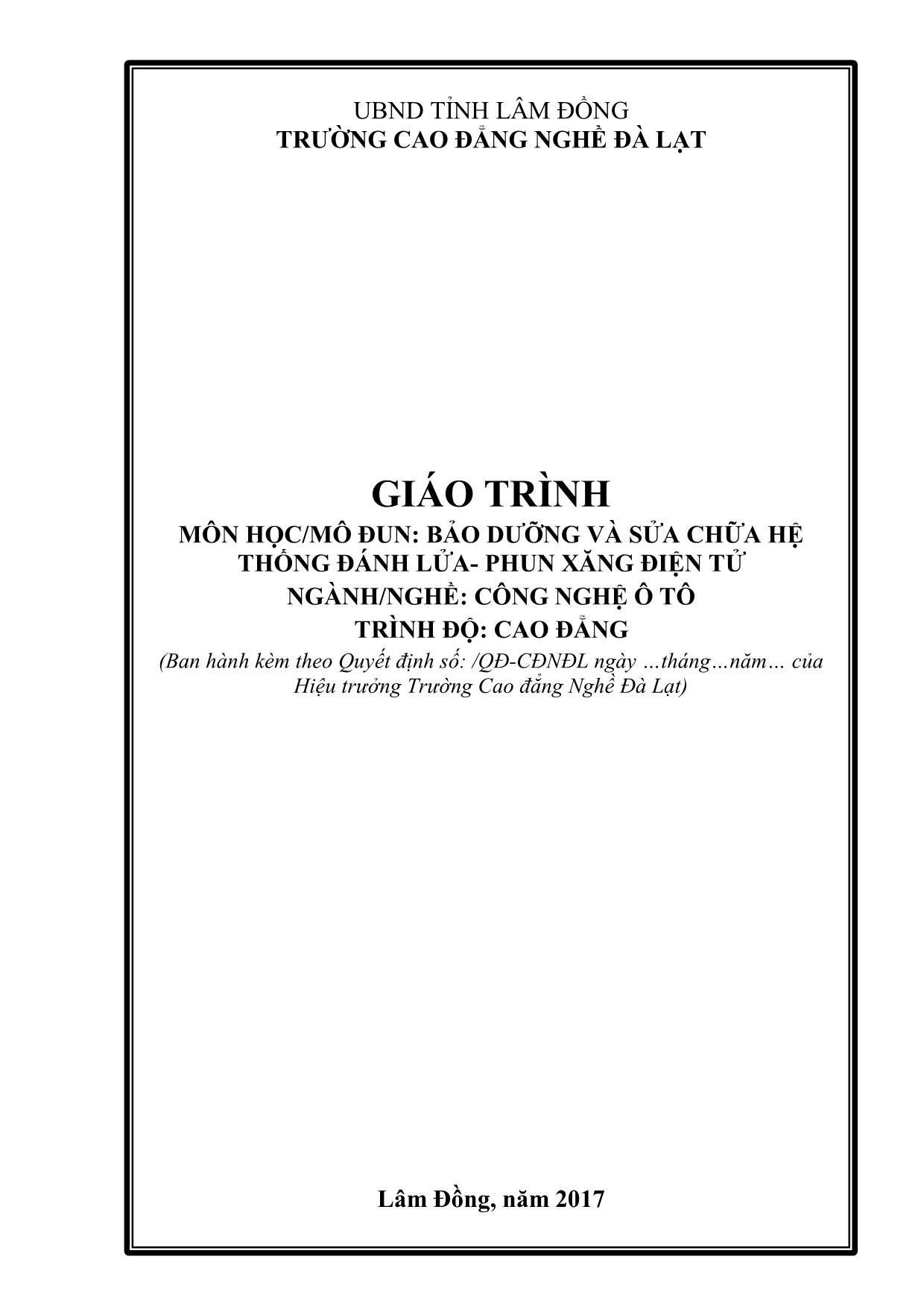 Giáo trình Bảo dưỡng và sửa chữa hệ thống đánh lửa& Phun xăng điện tử trang 1