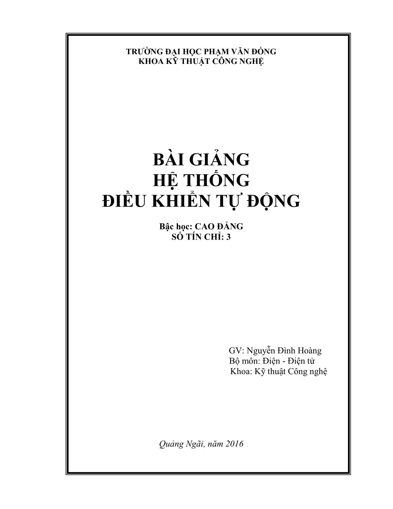 Bài giảng Hệ thống điều khiển tự động - Trường Đại học Phạm Văn Đồng trang 2