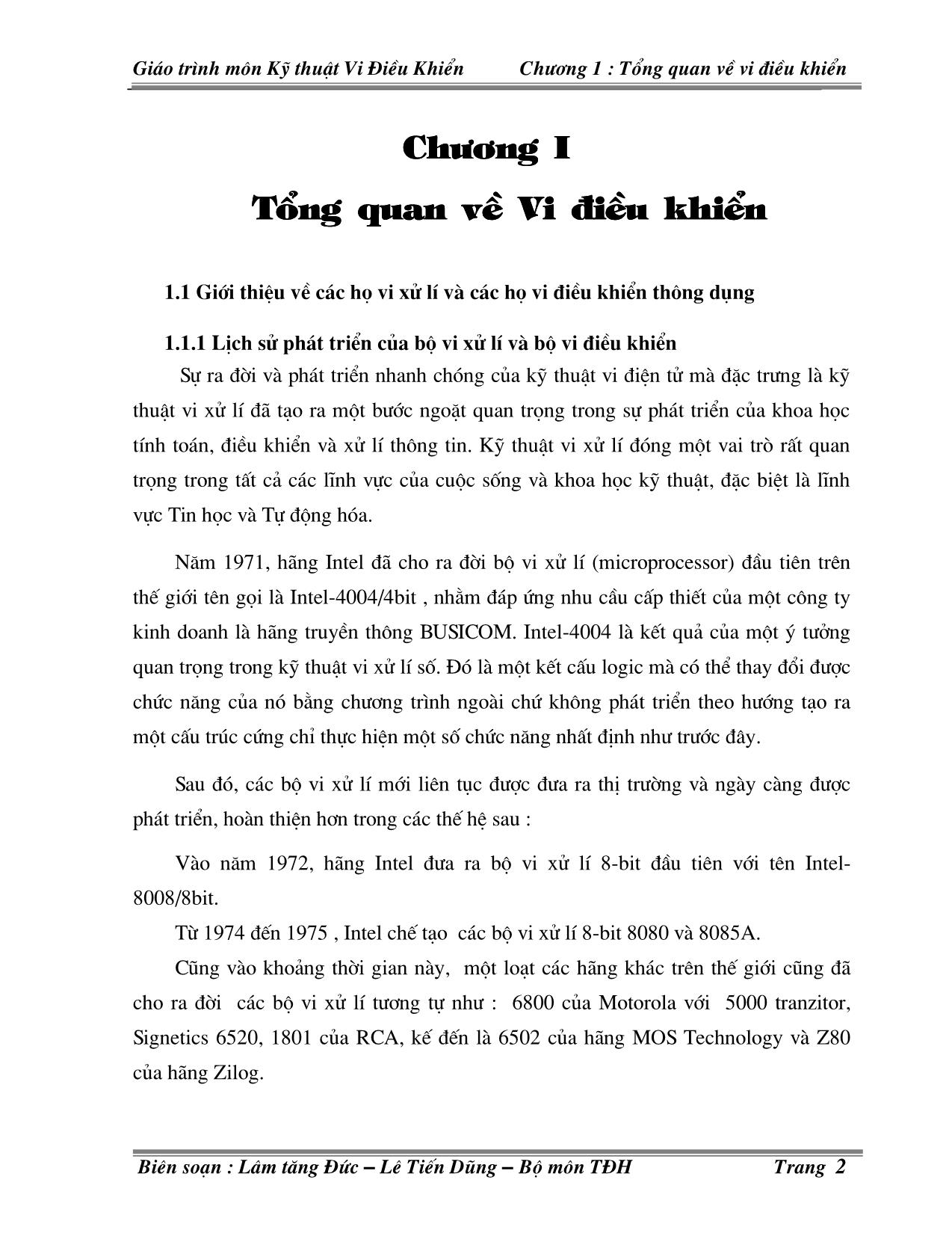 Giáo trình môn Kỹ thuật Vi điều khiển - Chương I: Tổng quan về Vi điều khiển trang 2