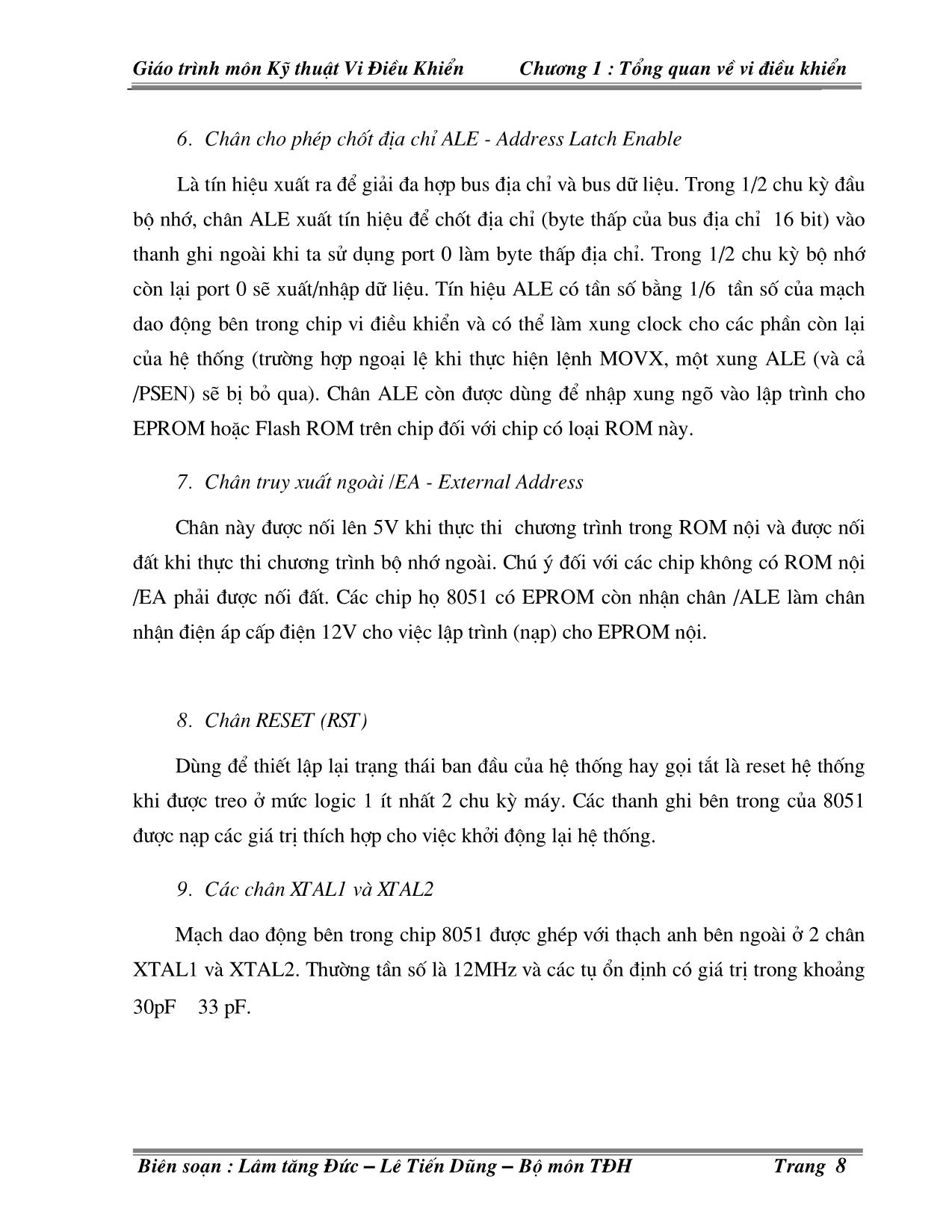 Giáo trình môn Kỹ thuật Vi điều khiển - Chương I: Tổng quan về Vi điều khiển trang 8