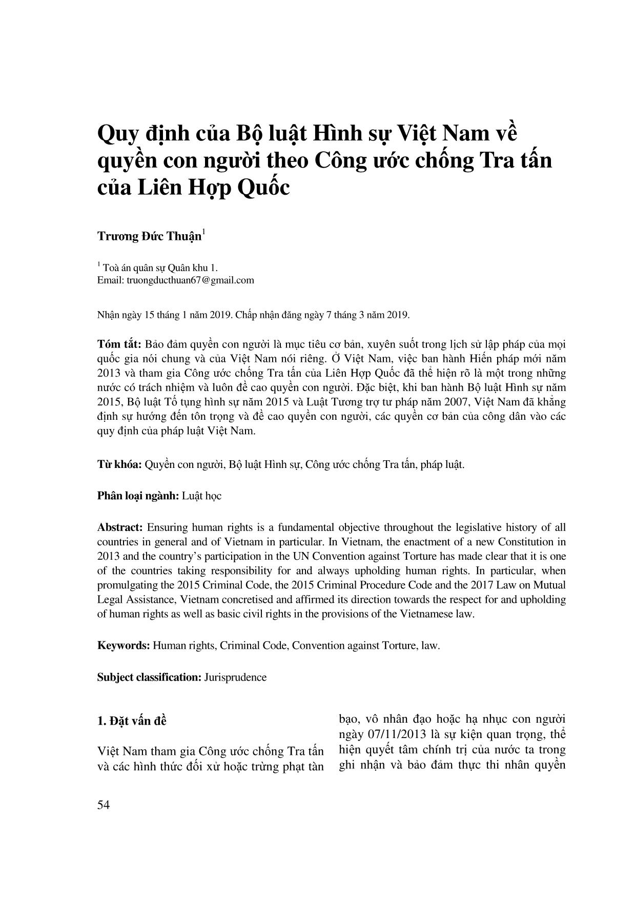 Quy định của Bộ luật Hình sự Việt Nam về quyền con người theo Công ước chống Tra tấn của Liên Hợp Quốc trang 1