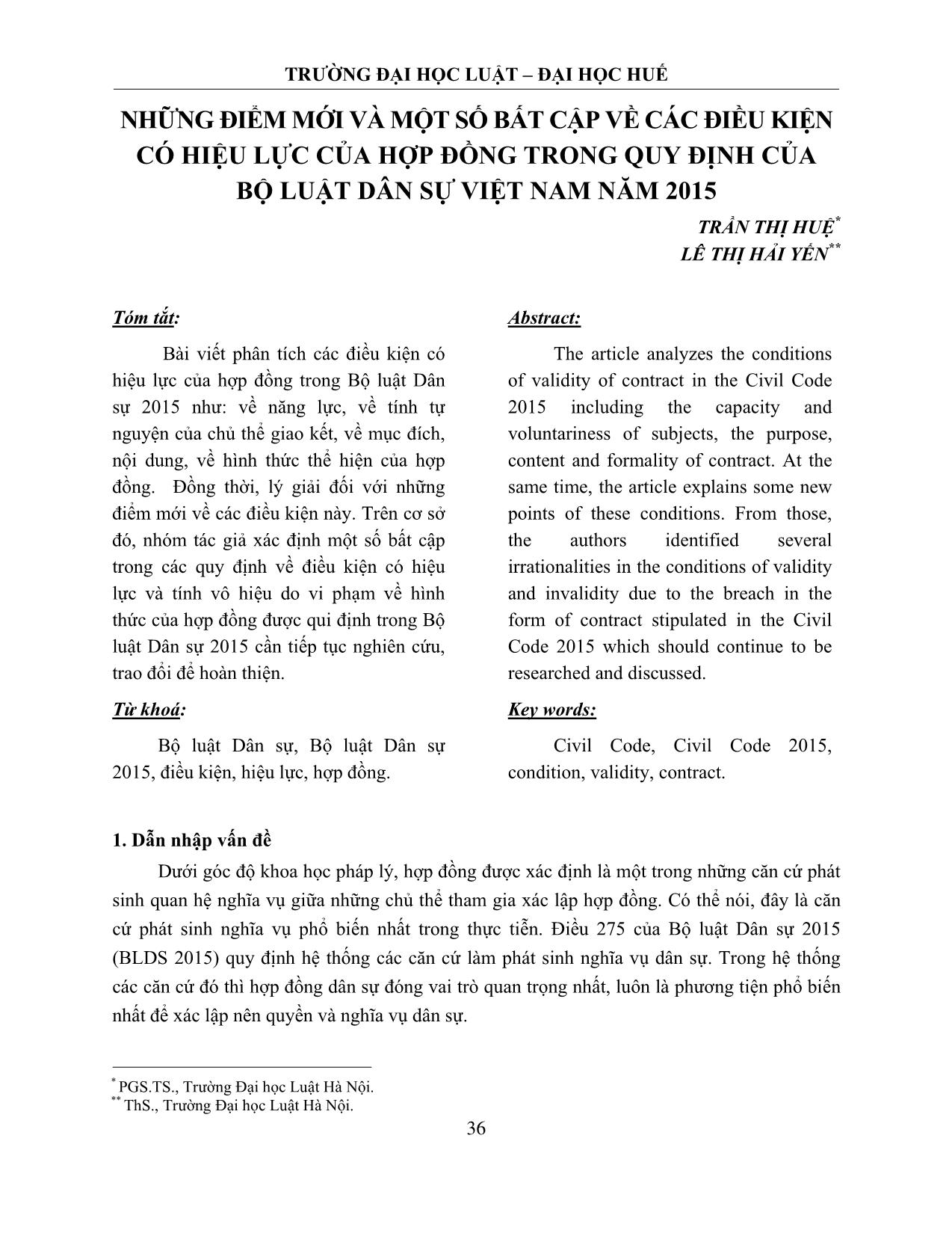 Những điểm mới và một số bất cập về các điều kiện có hiệu lực của hợp đồng trong quy định của Bộ luật Dân sự Việt Nam năm 2015 trang 1