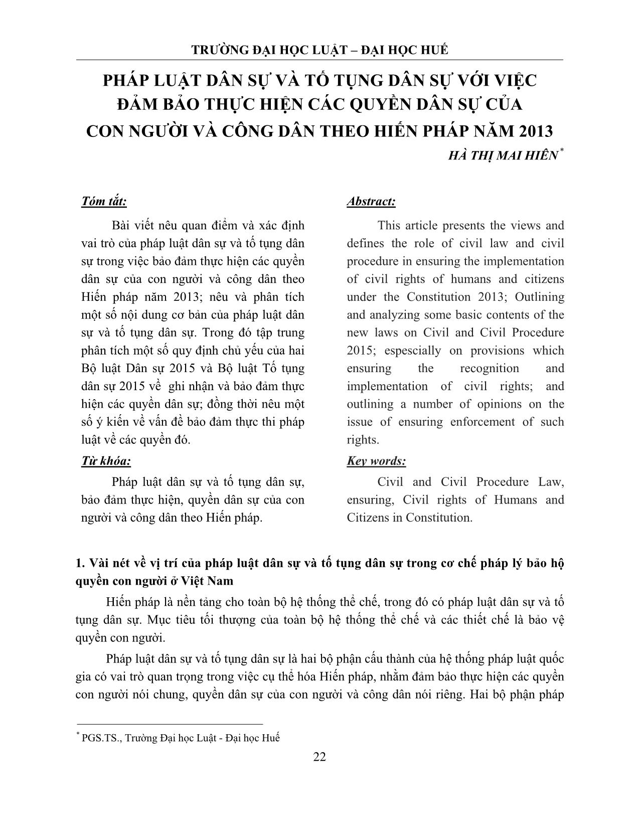 Pháp luật dân sự và tố tụng dân sự với việc đảm bảo thực hiện các quyền dân sự của con người và công dân theo Hiến pháp năm 2013 trang 1