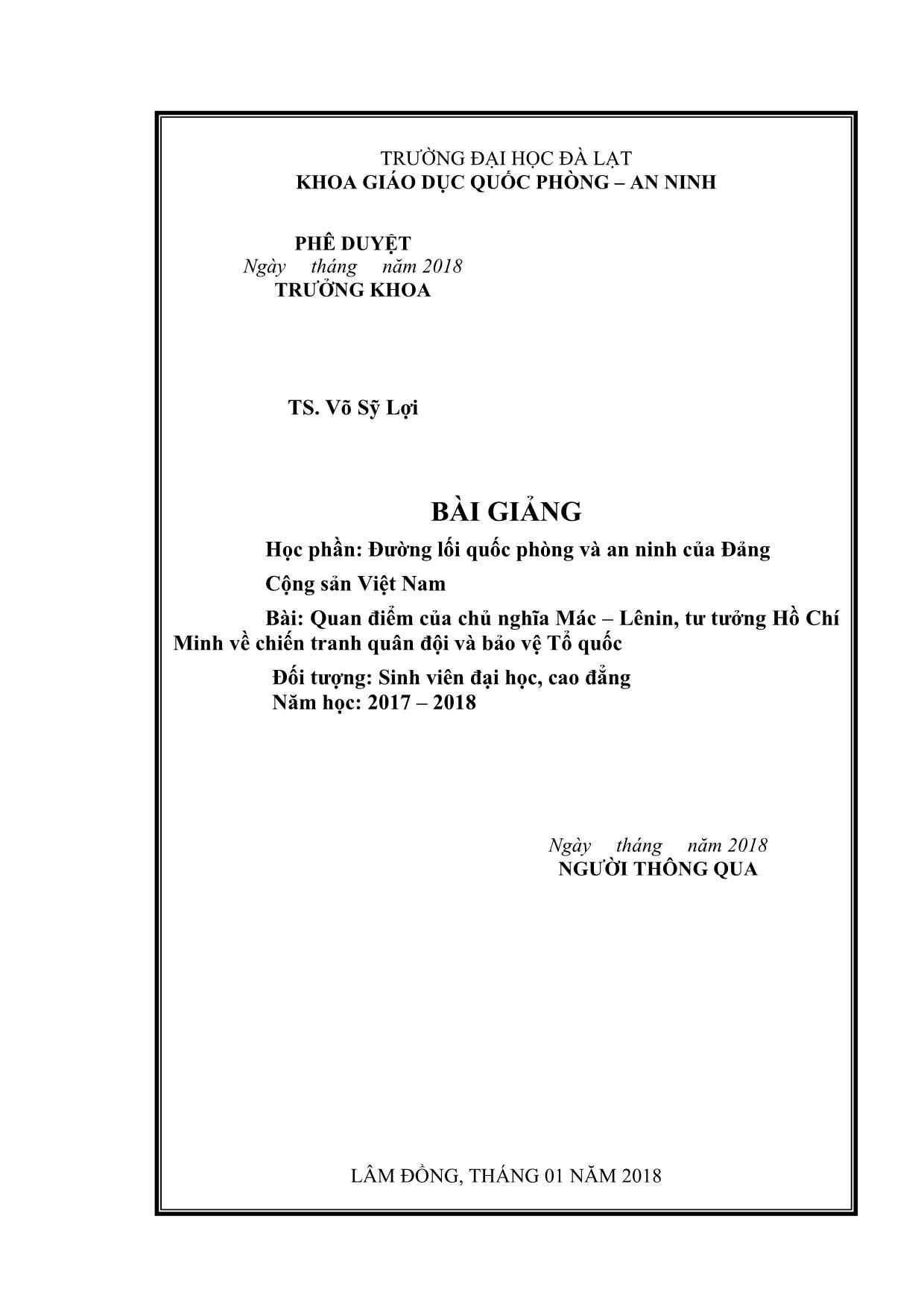 Bài giảng Quan điểm của chủ nghĩa Mác-Lênin, tư tưởng Hồ Chí Minh về chiến tranh quân đội và bảo vệ Tổ quốc trang 2