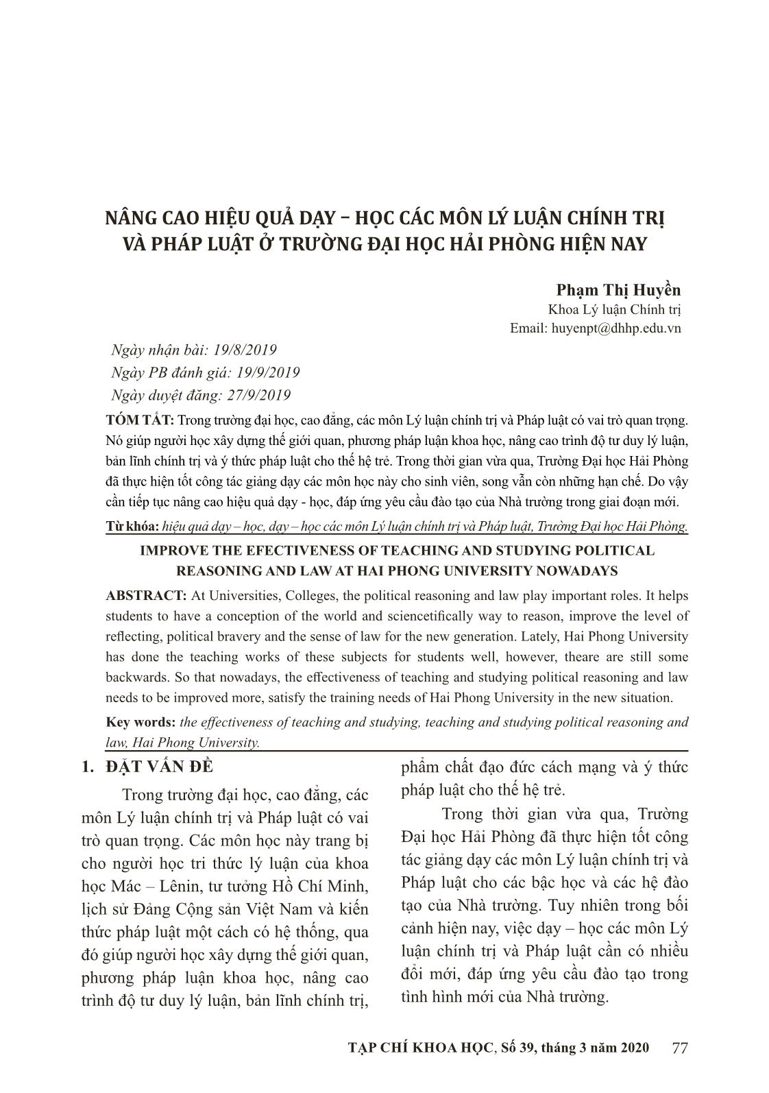 Nâng cao hiệu quả dạy, học các môn Lý luận chính trị và pháp luật ở trường Đại học Hải Phòng hiện nay trang 1