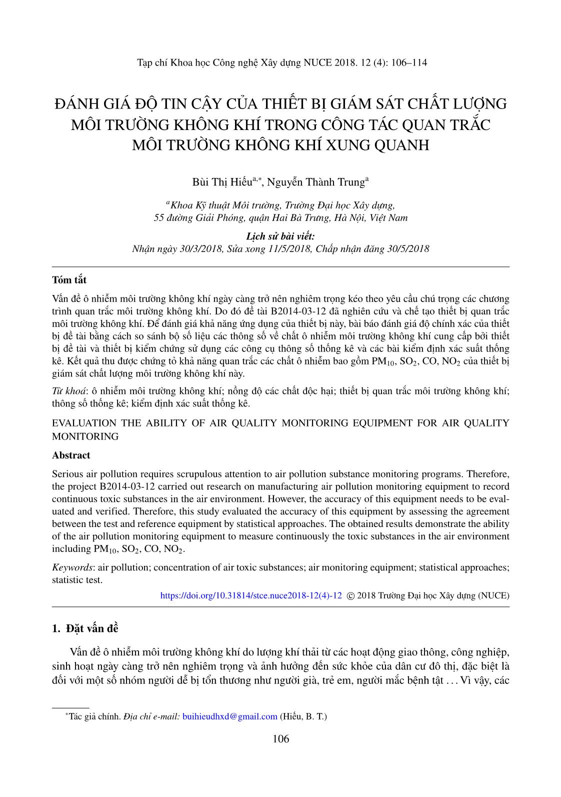 Đánh giá độ tin cậy của thiết bị giám sát chất lượng môi trường không khí trong công tác quan trắc môi trường không khí xung quanh trang 1