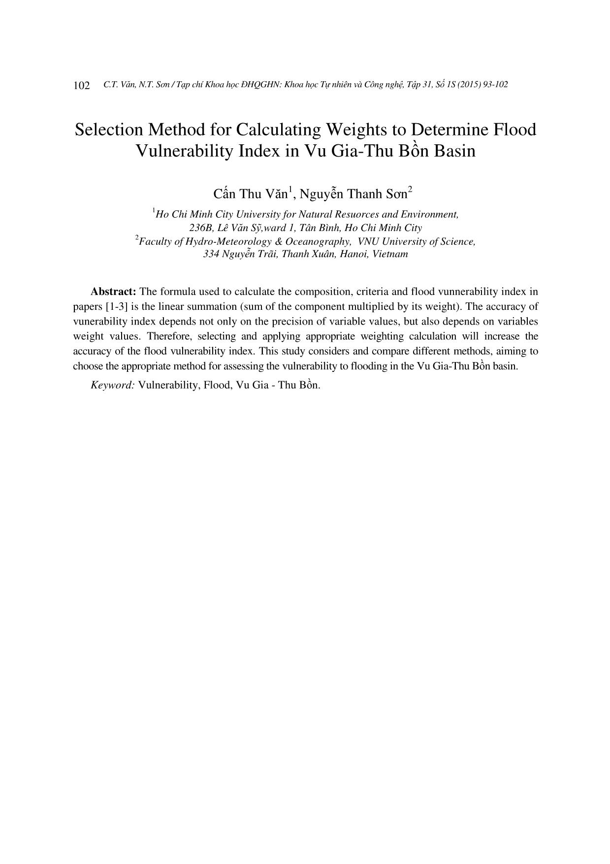 Xây dựng phương pháp tính trọng số để xác định chỉ số dễ bị tổn thương lũ lụt lưu vực sông Vu Gia - Thu Bồn trang 10