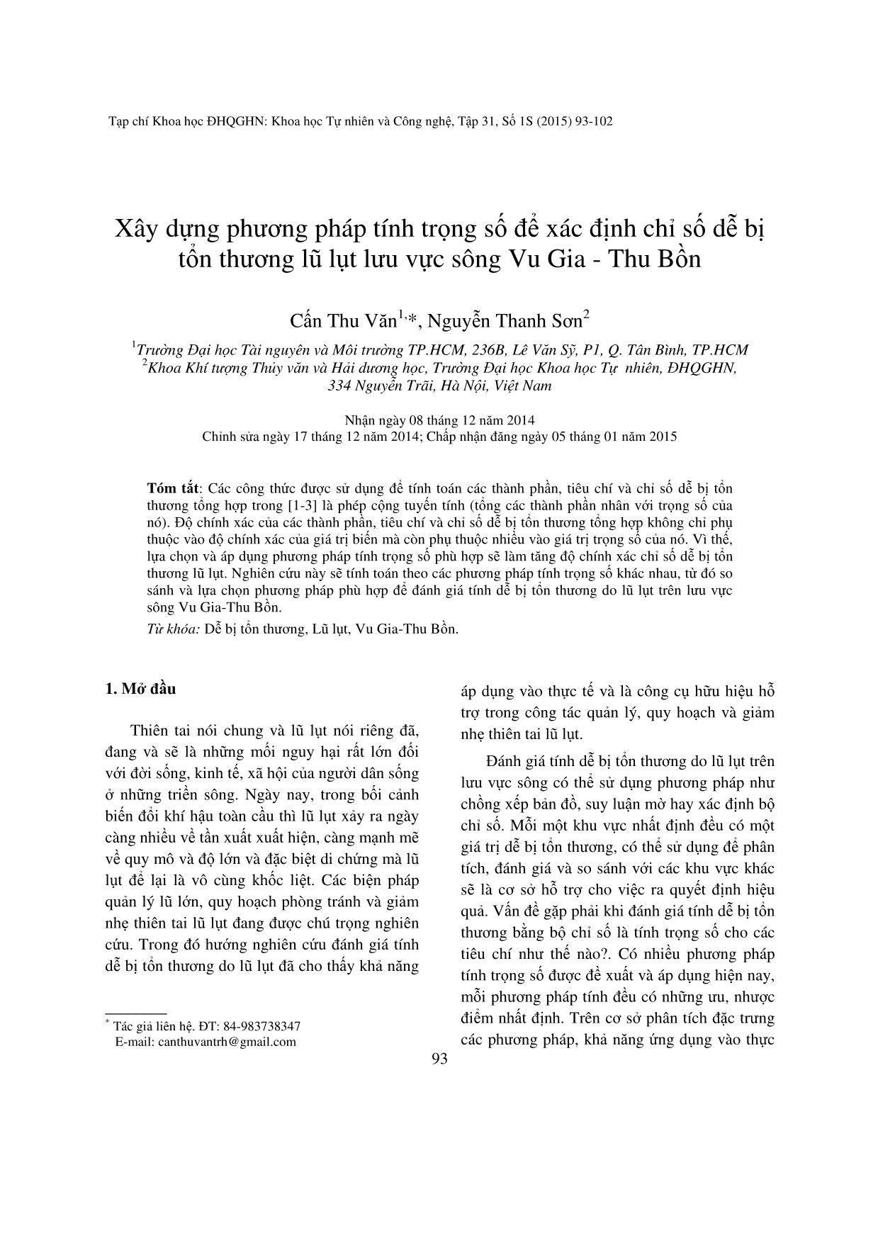 Xây dựng phương pháp tính trọng số để xác định chỉ số dễ bị tổn thương lũ lụt lưu vực sông Vu Gia - Thu Bồn trang 1