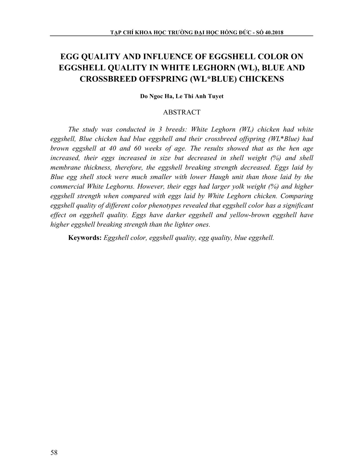 Chất lượng trứng và ảnh hưởng của màu sắc vỏ trứng đến chất lượng vỏ trứng của gà White Leghorn , Blue và con lai (WL*Blue) trang 10