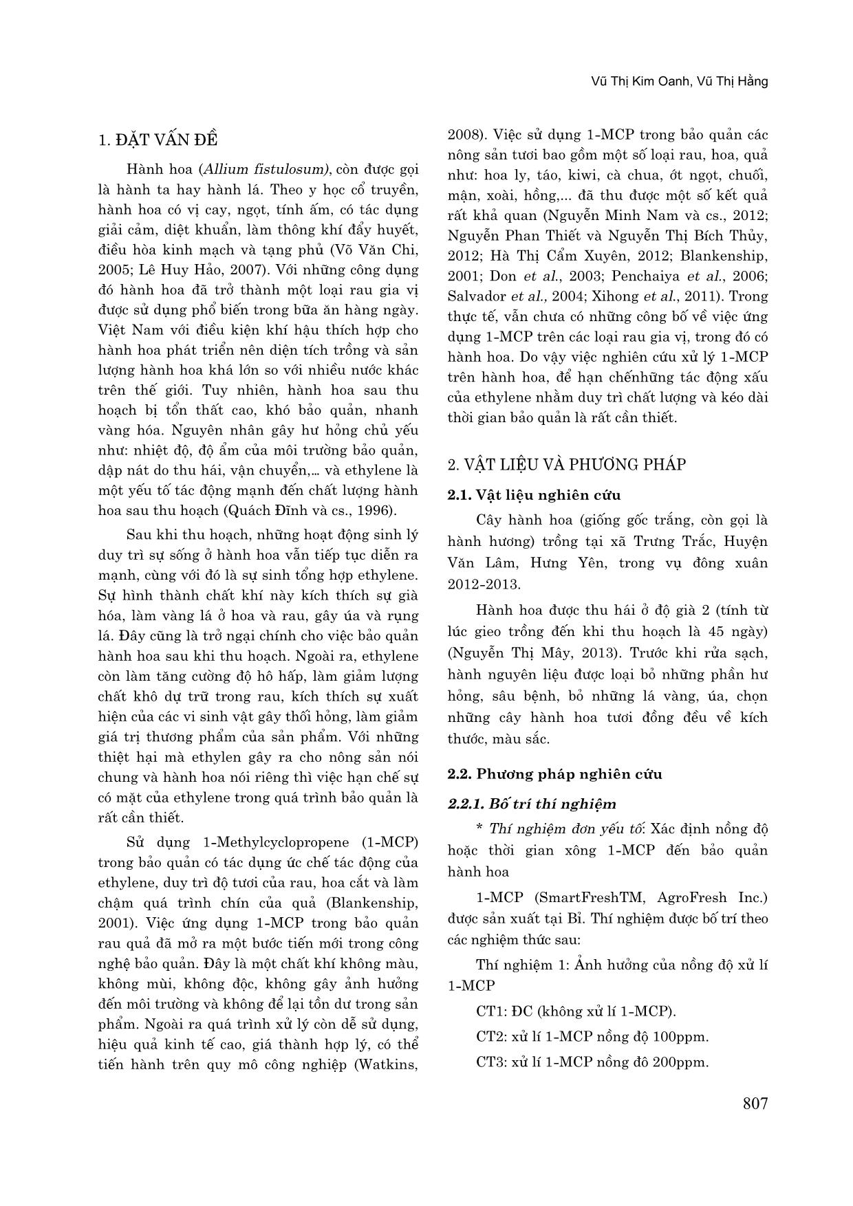 Ảnh hưởng của xử lý 1-Methylcyclopropene sau thu hoạch đến chất lượng và tuổi thọ hành hoa tươi bảo quản trong điều kiện thường trang 2
