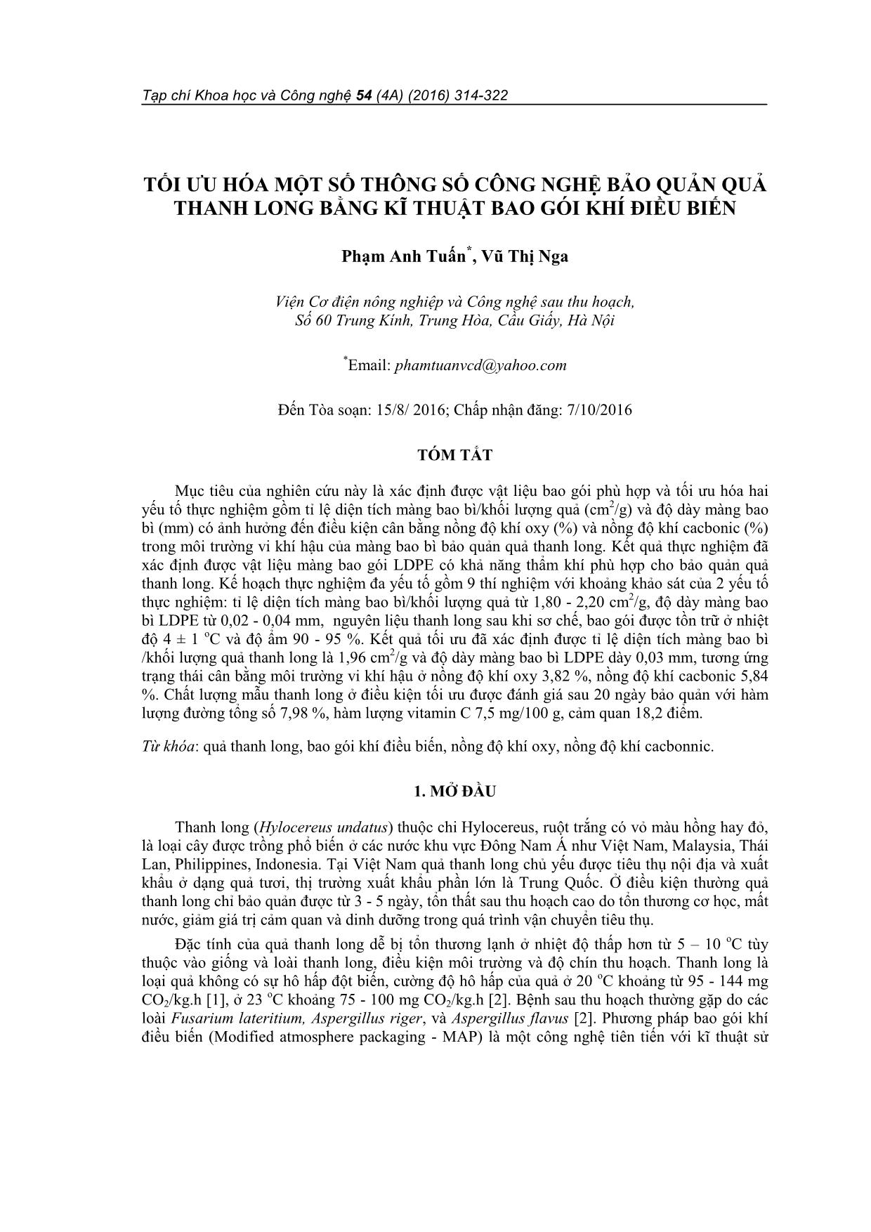 Tối ưu hóa một số thông số công nghệ bảo quản quả thanh long bằng kĩ thuật bao gói khí điều biến trang 1
