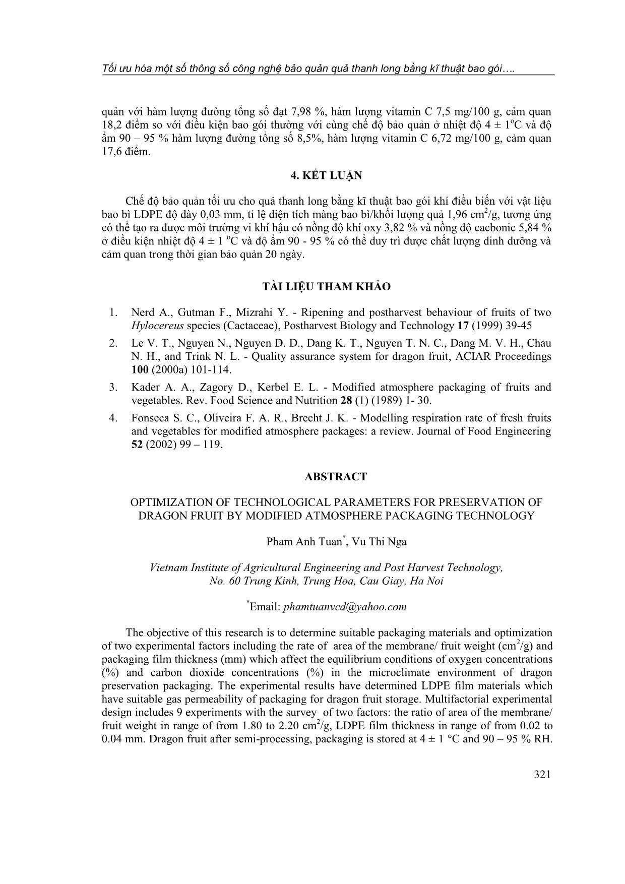 Tối ưu hóa một số thông số công nghệ bảo quản quả thanh long bằng kĩ thuật bao gói khí điều biến trang 8