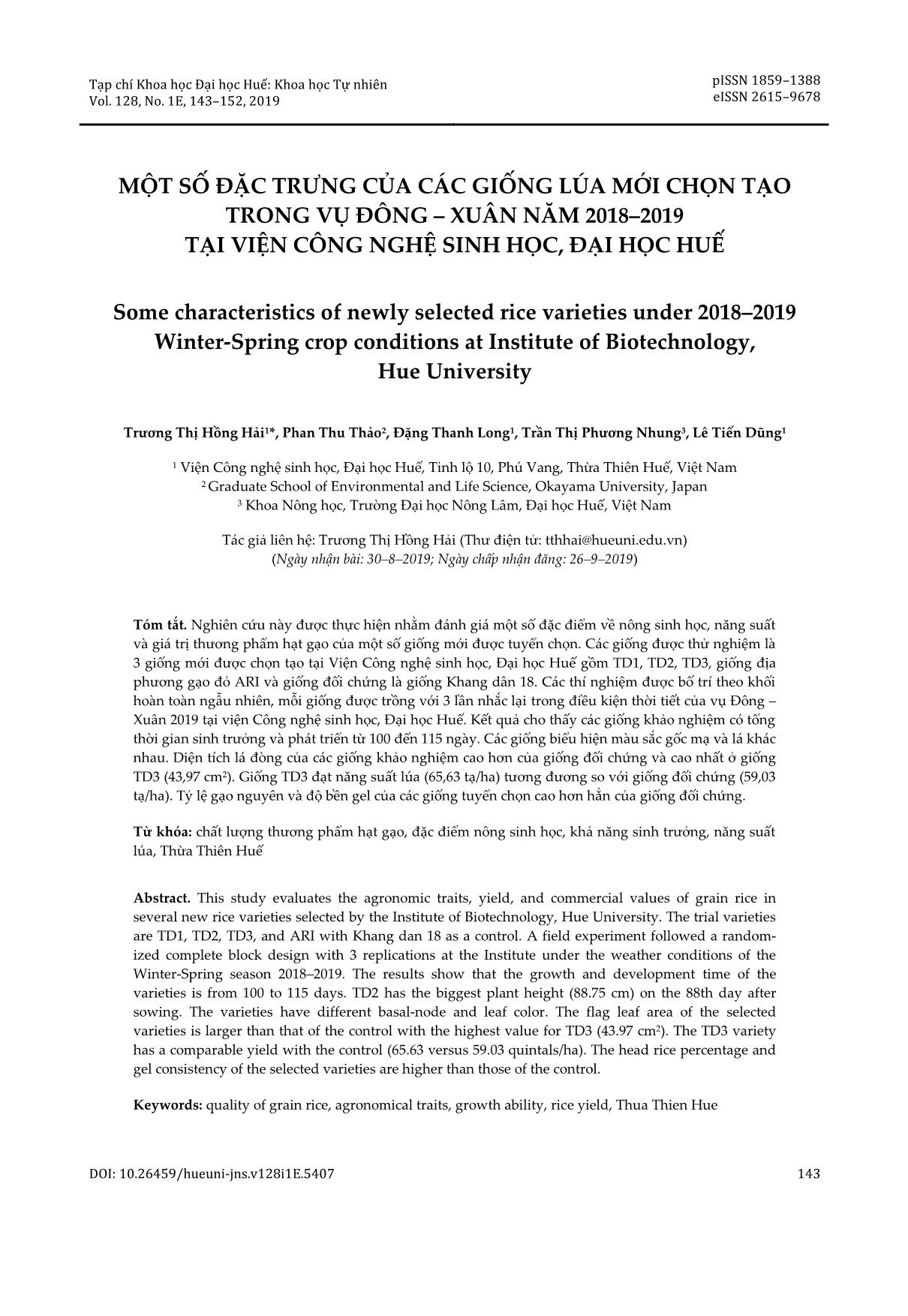 Một số đặc trưng của các giống lúa mới chọn tạo trong vụ Đông – Xuân năm 2018-2019 tại viện Công nghệ sinh học, Đại học Huế trang 1