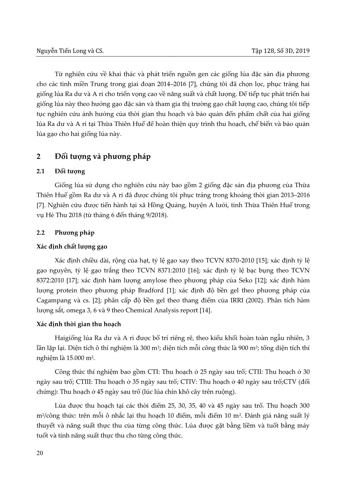 Ảnh hưởng của thời điểm thu hoạch và phương pháp sấy hạt đến chất lượng gạo của giống lúa Ra dư và A ri,đặc sản địa phương Thừa Thiên Huế trang 2