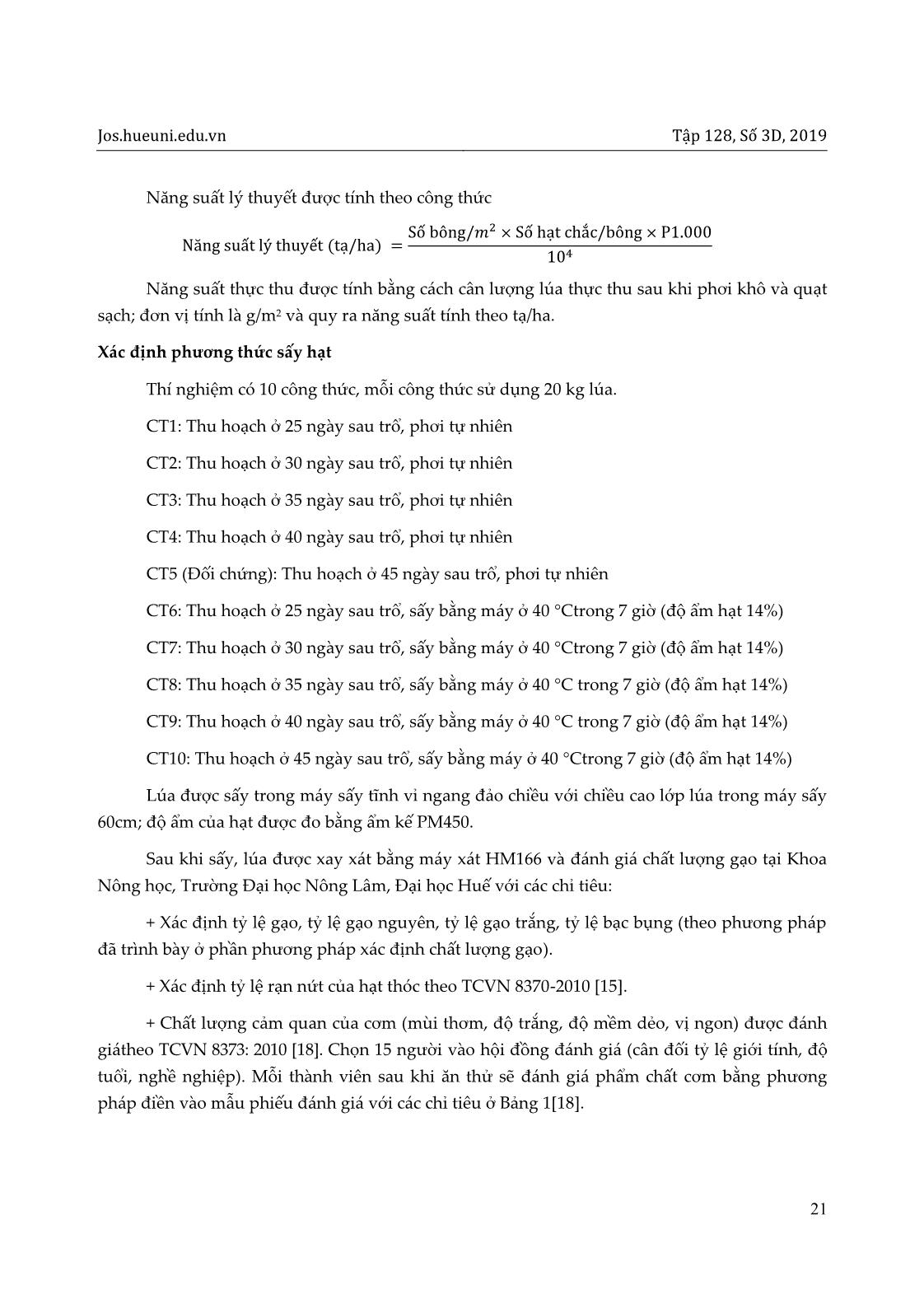 Ảnh hưởng của thời điểm thu hoạch và phương pháp sấy hạt đến chất lượng gạo của giống lúa Ra dư và A ri,đặc sản địa phương Thừa Thiên Huế trang 3