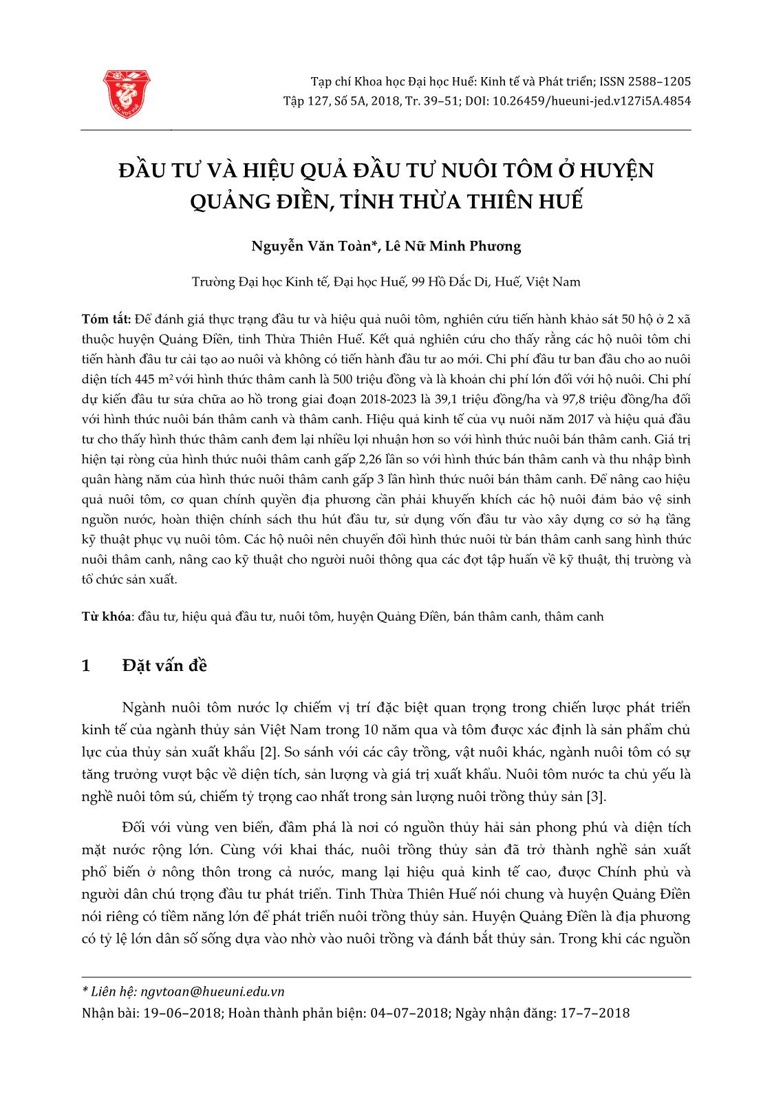 Đầu tư và hiệu quả đầu tư nuôi tôm ở huyện Quảng Điền, tỉnh Thừa Thiên Huế trang 1