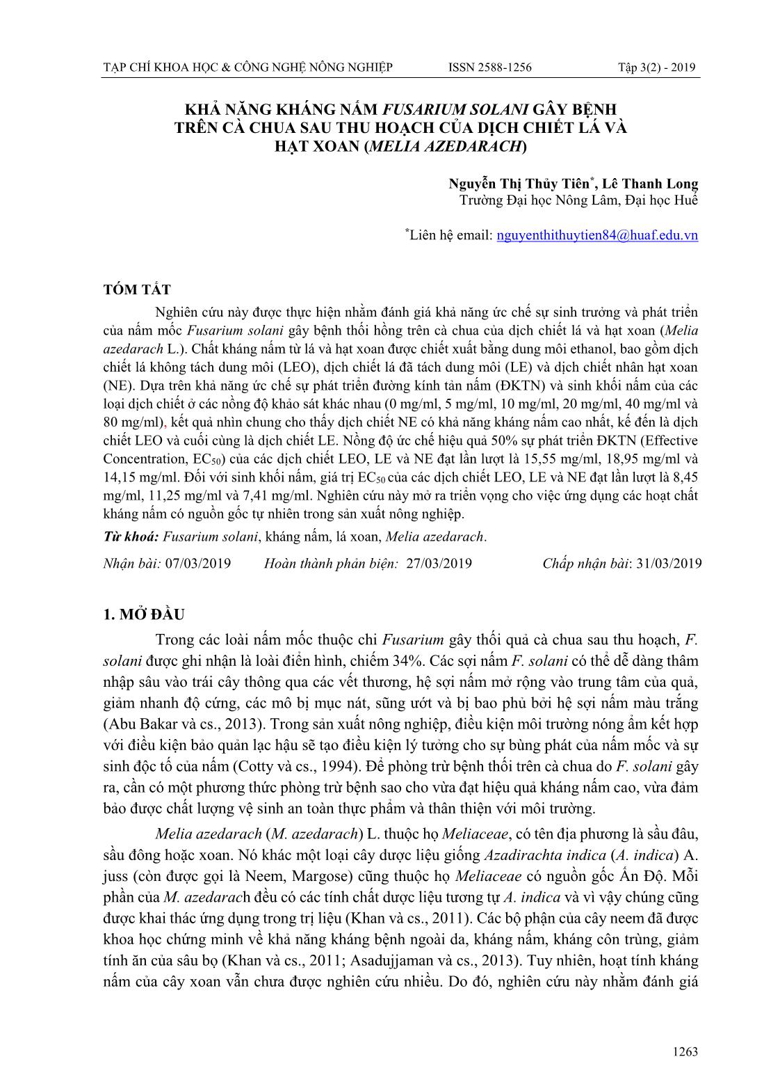 Khả năng kháng nấm Fusarium solani gây bệnh trên cà chua sau thu hoạch của dịch chiết lá và hạt xoan (Melia azedarach) trang 1