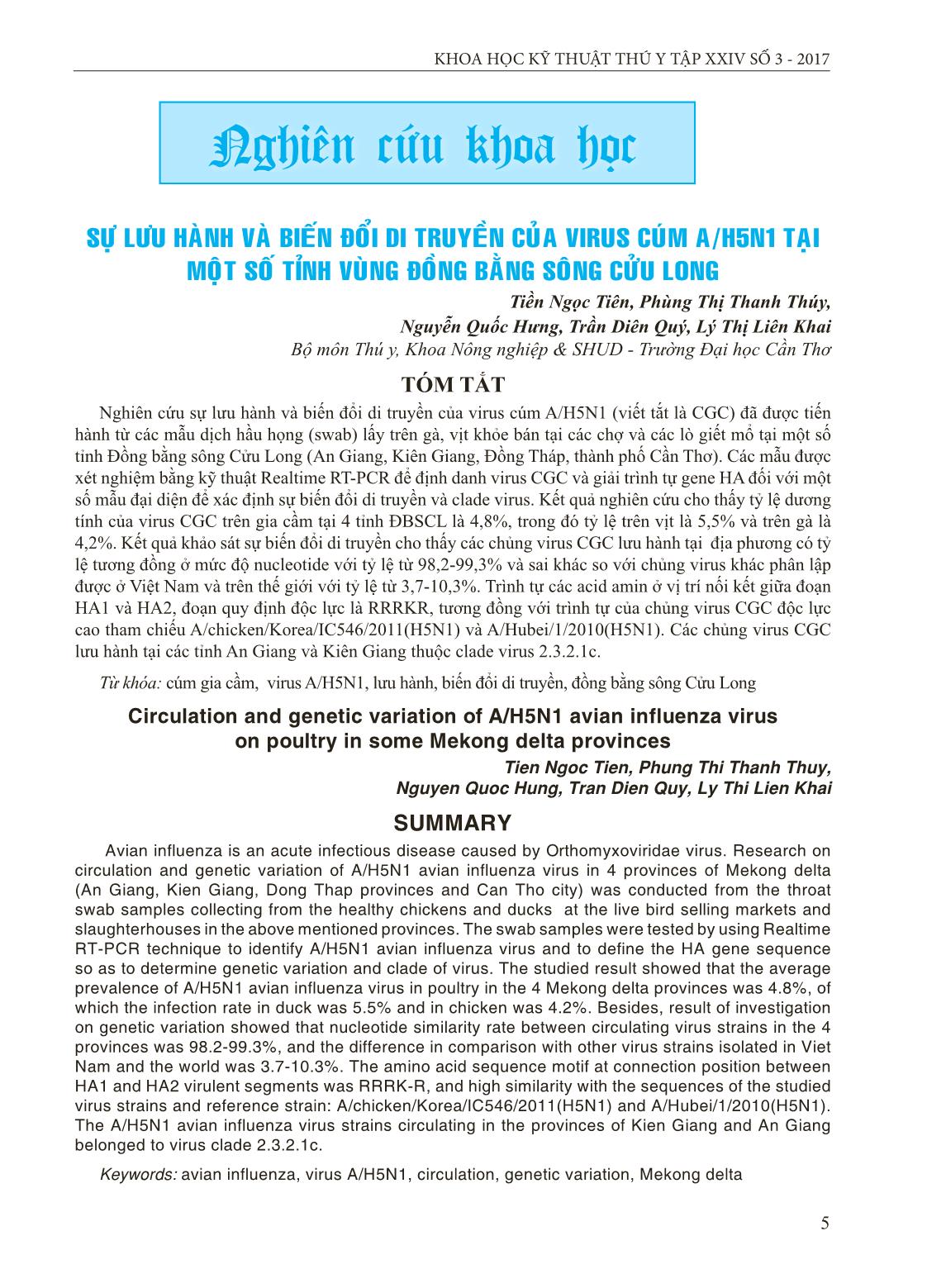 Sự lưu hành và biến đổi di truyền của virus cúm A/H5N1 tại một số tỉnh vùng Đồng bằng sông Cửu Long trang 1