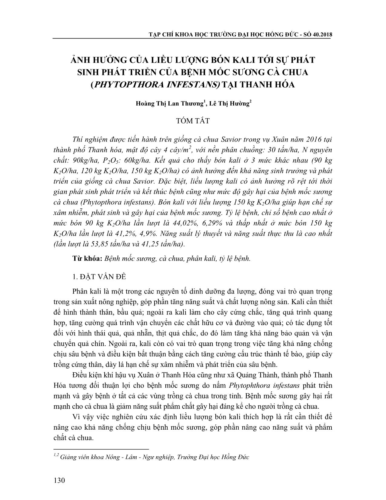 Ảnh hưởng của liều lượng bón Kali tới sự phát sinh phát triển của bệnh mốc ương cà chua (Phytopthora infestans) tại Thanh Hóa trang 1