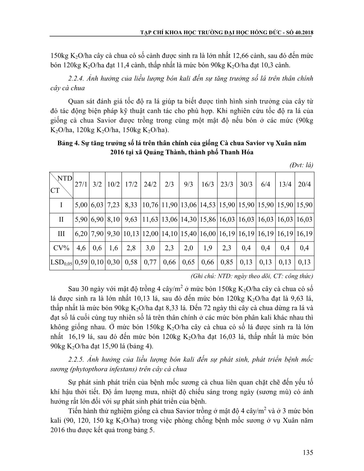 Ảnh hưởng của liều lượng bón Kali tới sự phát sinh phát triển của bệnh mốc ương cà chua (Phytopthora infestans) tại Thanh Hóa trang 6