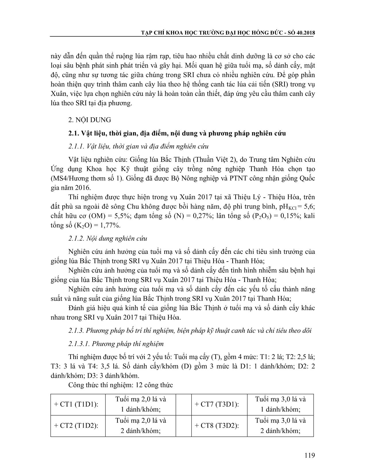 Kết quả nghiên cứu ảnh hưởng của tuổi mạ và số dảnh cấy đến sinh trưởng năng suất của giống lúa Bắc Thịnh trong hệ thống canh tác lúa cải tiến (SRI) vụ Xuân 2017 tại Thiệu Hóa - Thanh Hóa trang 2