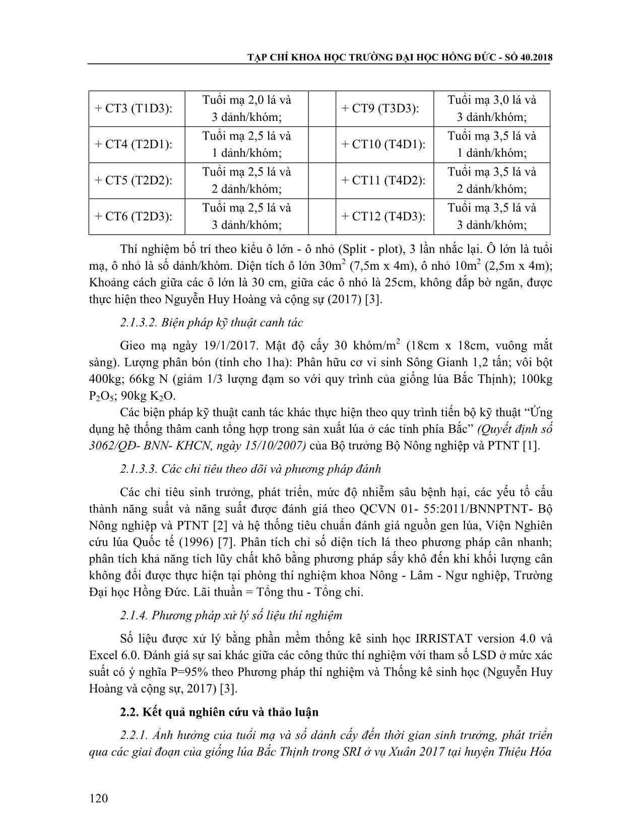 Kết quả nghiên cứu ảnh hưởng của tuổi mạ và số dảnh cấy đến sinh trưởng năng suất của giống lúa Bắc Thịnh trong hệ thống canh tác lúa cải tiến (SRI) vụ Xuân 2017 tại Thiệu Hóa - Thanh Hóa trang 3