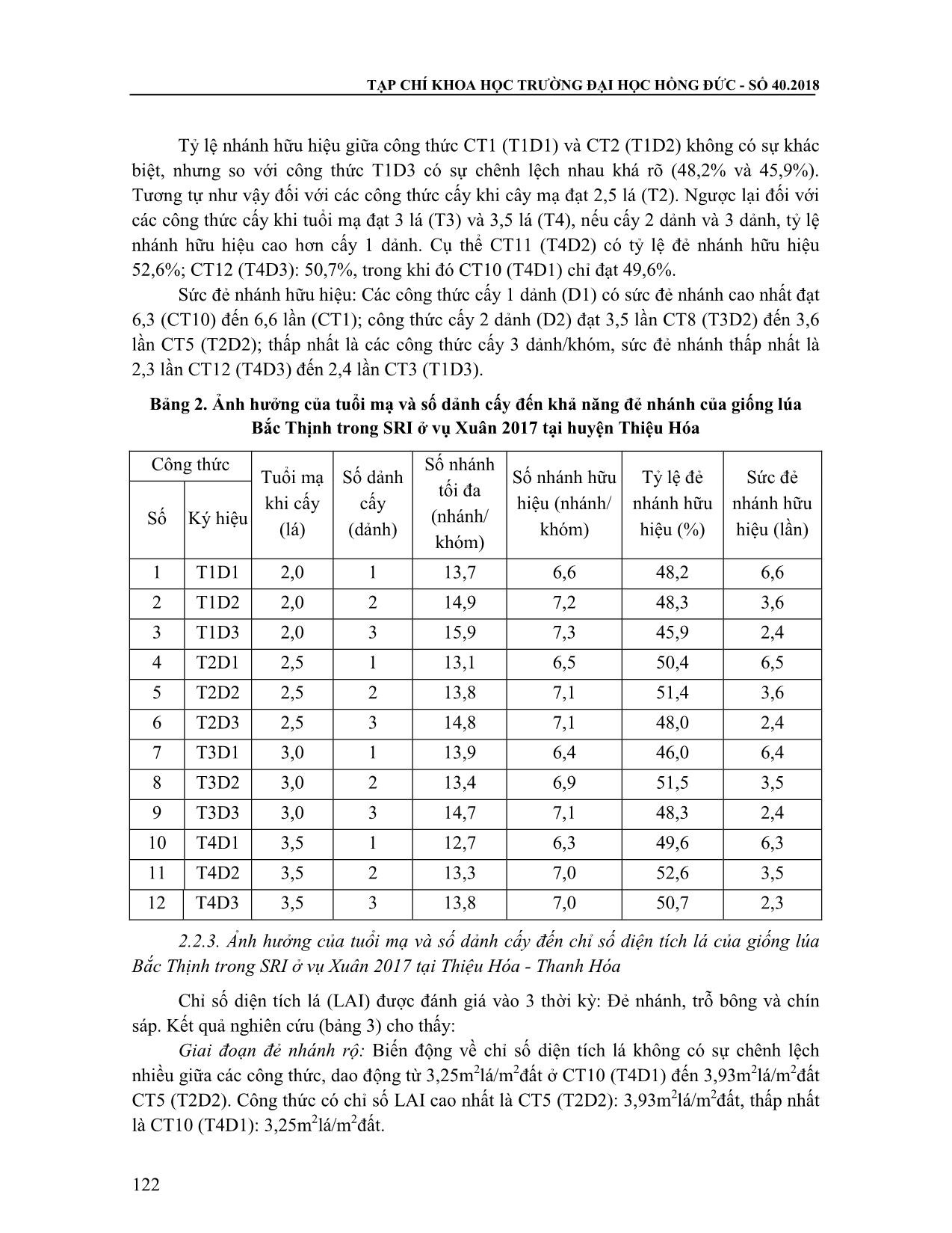 Kết quả nghiên cứu ảnh hưởng của tuổi mạ và số dảnh cấy đến sinh trưởng năng suất của giống lúa Bắc Thịnh trong hệ thống canh tác lúa cải tiến (SRI) vụ Xuân 2017 tại Thiệu Hóa - Thanh Hóa trang 5