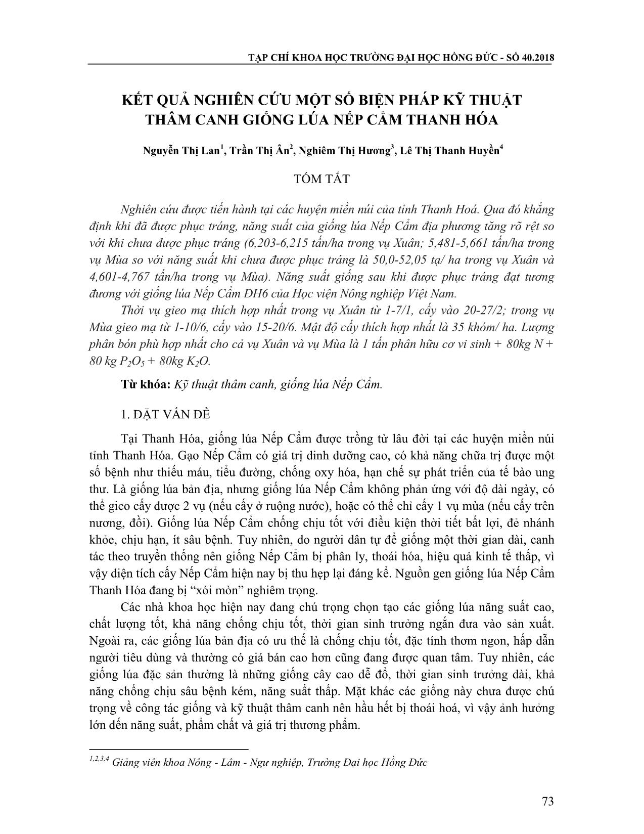 Kết quả nghiên cứu một số biện pháp kỹ thuật thâm canh giống lúa Nếp Cẩm Thanh Hóa trang 1