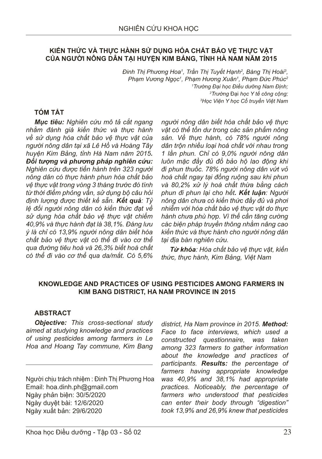 Kiến thức và thực hành sử dụng hóa chất bảo vệ thực vật của người nông dân tại huyện Kim Bảng, tỉnh Hà Nam năm 2015 trang 1