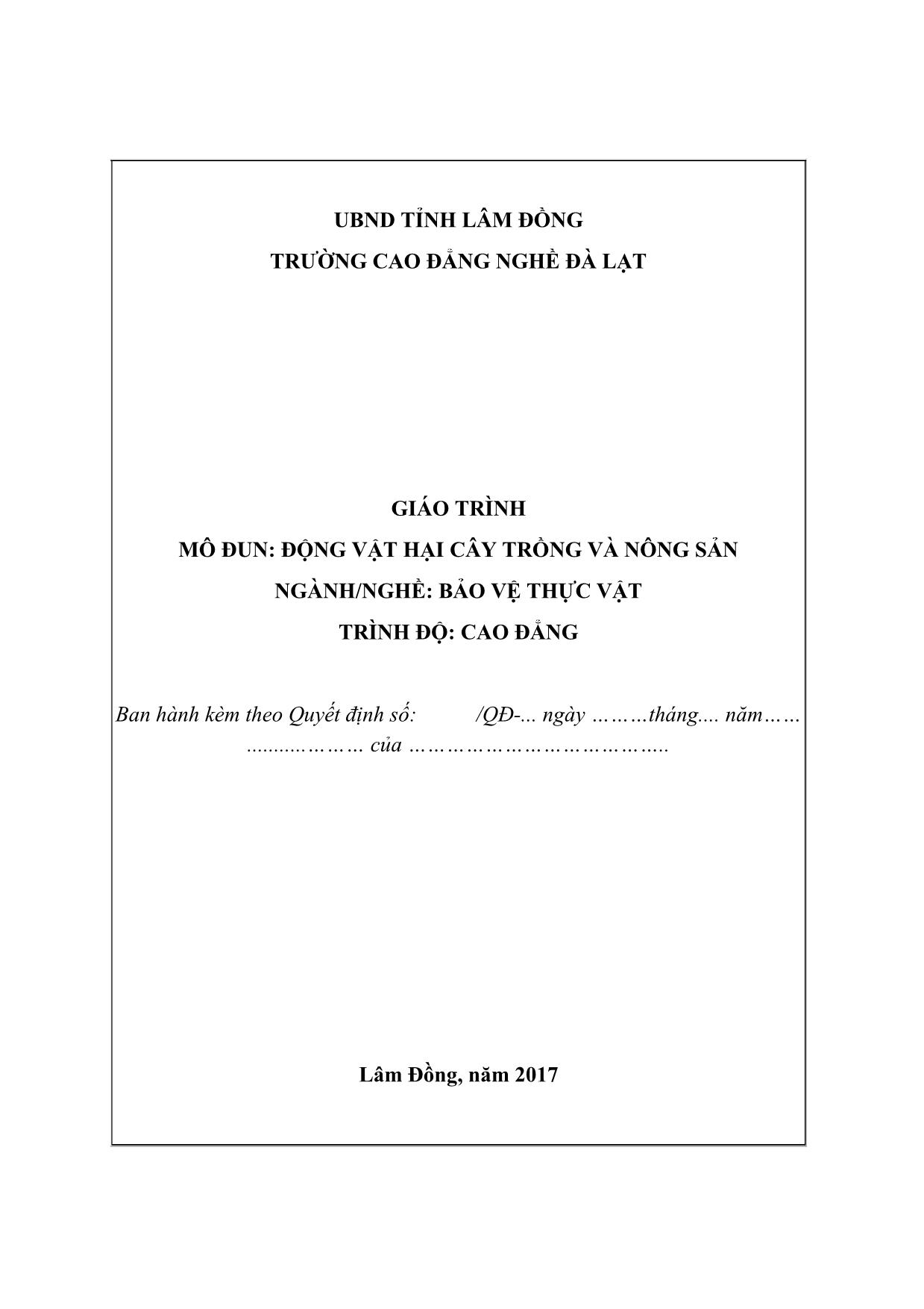 Giáo trình Động vật hại cây trồng và nông sản (Bảo vệ thực vật) trang 1