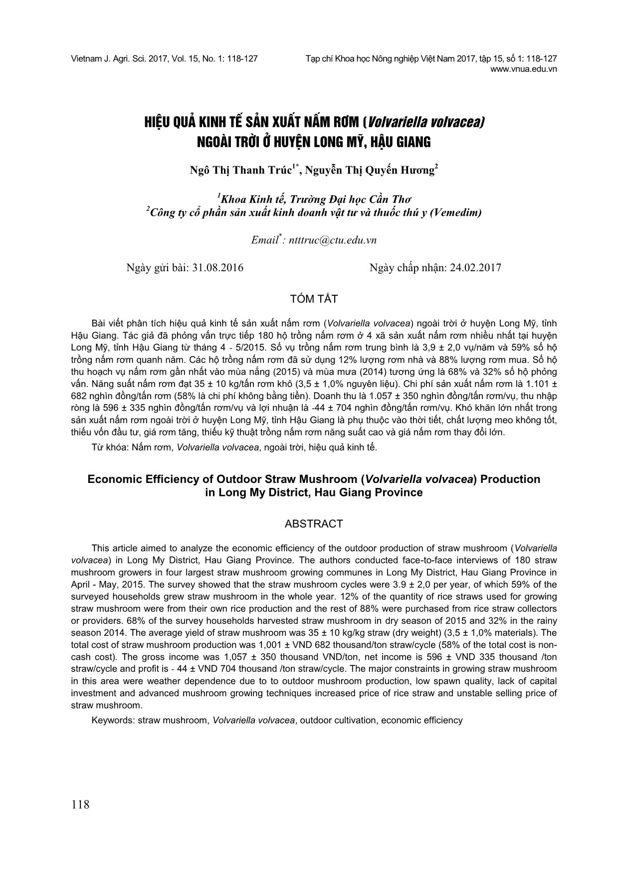 Hiệu quả kinh tế sản xuất nấm rơm (Volvariella volvacea) ngoài trời ở huyện Long Mỹ, Hậu Giang trang 1