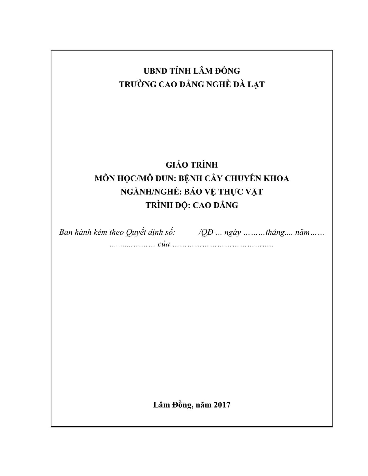 Giáo trình Bệnh cây chuyên khoa (Bảo vệ thực vật) trang 1