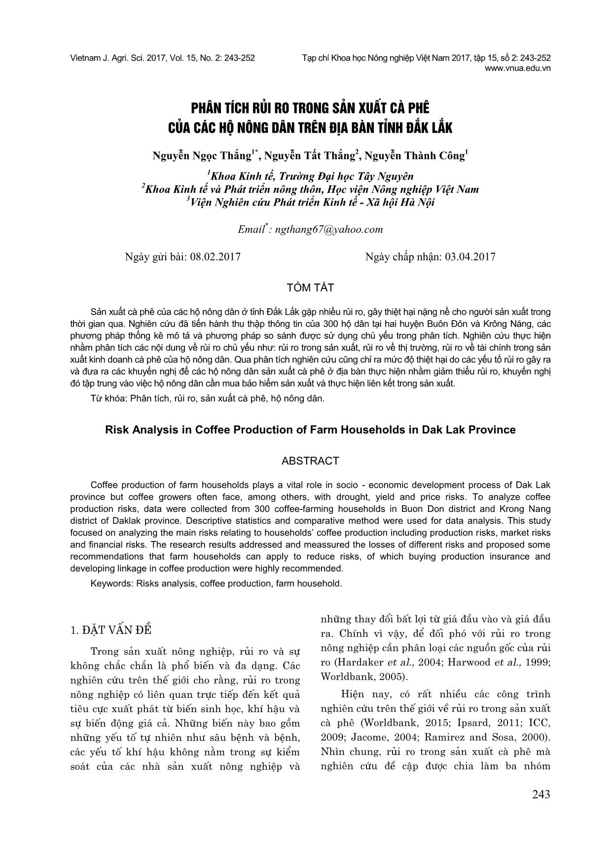 Phân tích rủi ro trong sản xuất cà phê của các hộ nông dân trên địa bàn tỉnh Đắk Lắk trang 1