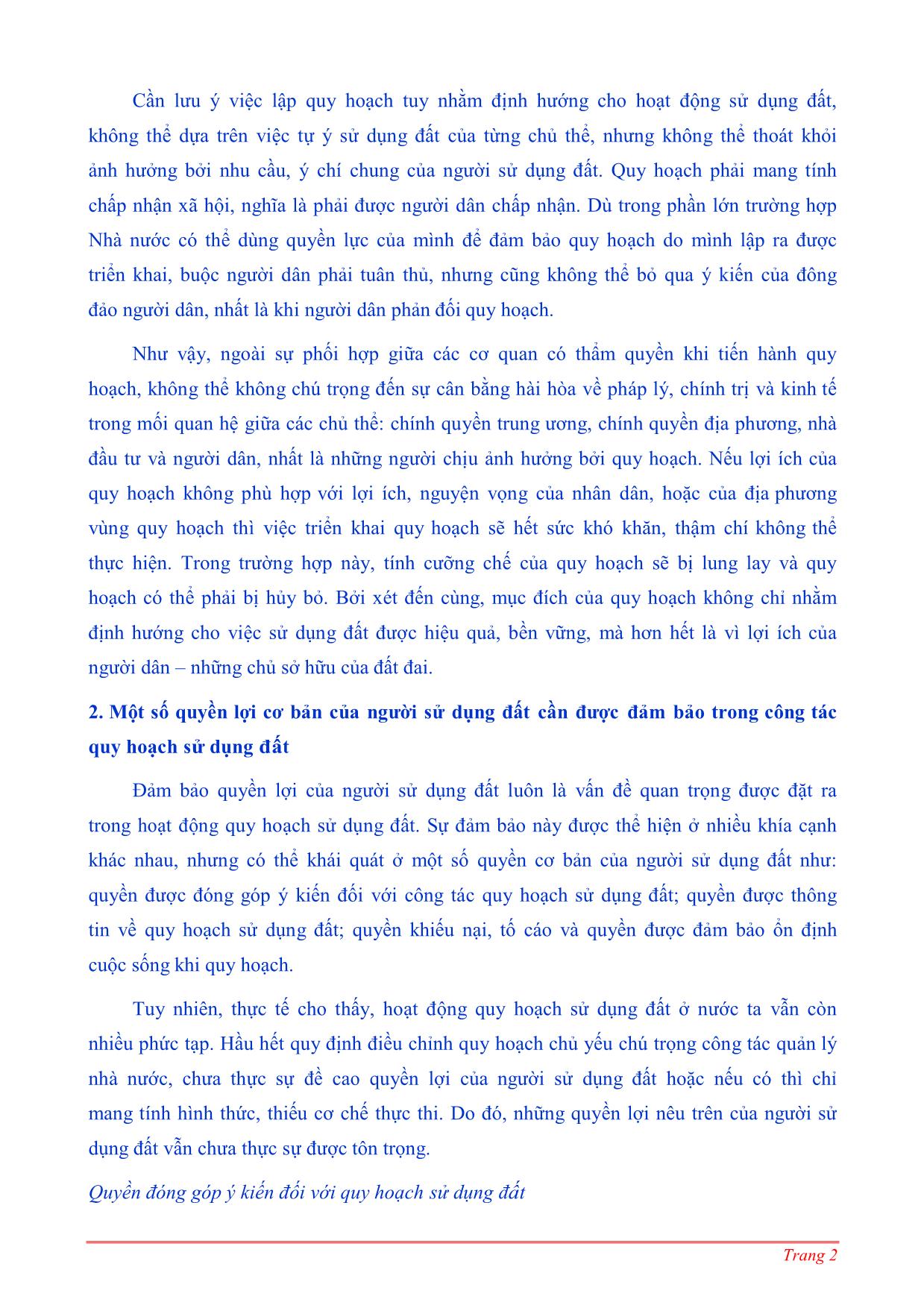 Quản lý đất đai theo quy hoạch và vấn đề đảm bảo quyền lợi của người sử dụng đất trang 2