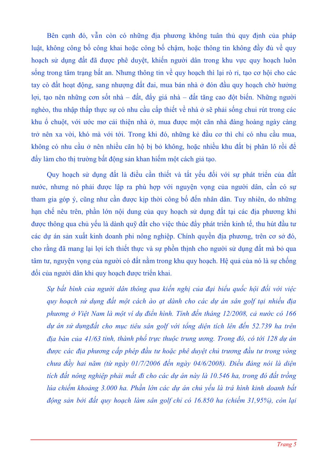 Quản lý đất đai theo quy hoạch và vấn đề đảm bảo quyền lợi của người sử dụng đất trang 5