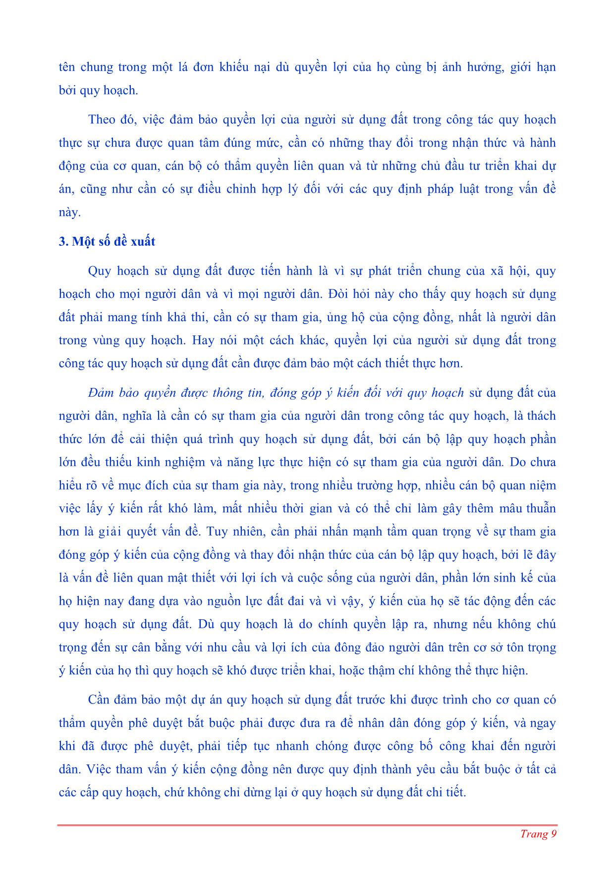 Quản lý đất đai theo quy hoạch và vấn đề đảm bảo quyền lợi của người sử dụng đất trang 9