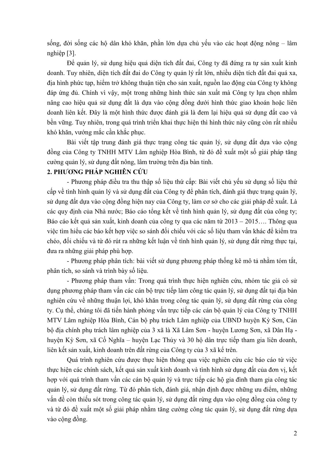 Quản lý, sử dụng đất nông, lâm trường dựa vào cộng đồng trên địa bàn tỉnh Hòa Bình – Nghiên cứu tại Công ty TNHH MTV Lâm nghiệp Hòa Bình trang 2