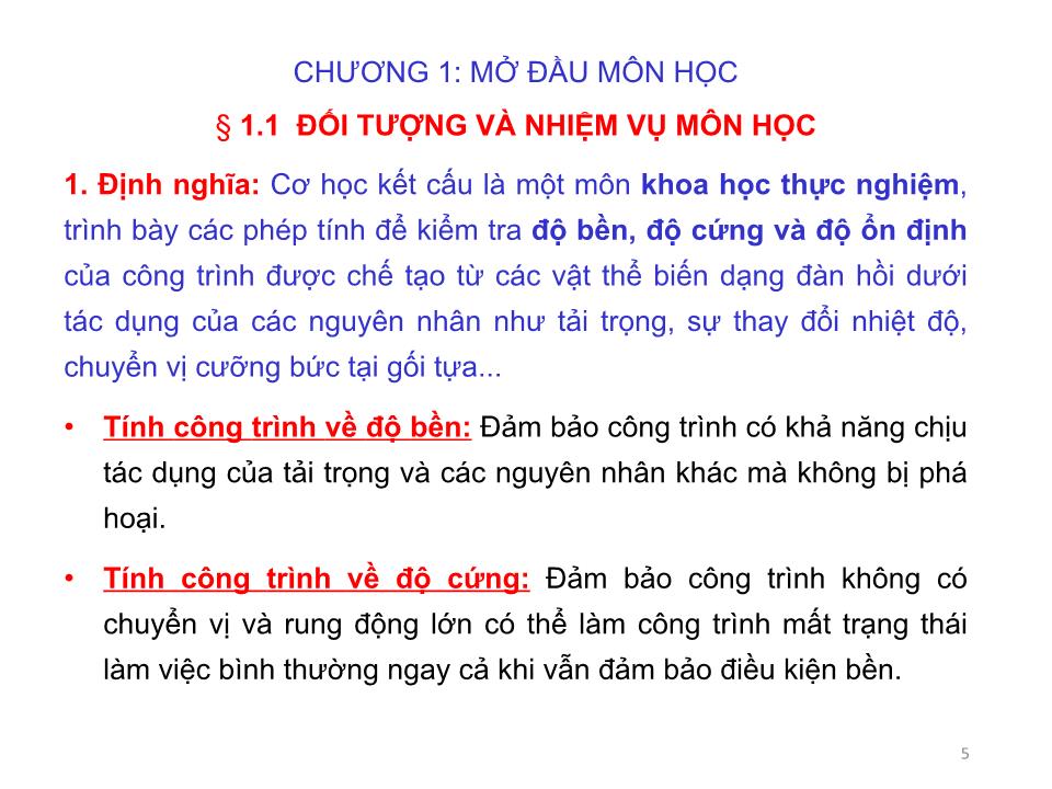 Bài giảng Cơ học kết cấu 1 - Chương 1: Mở đầu môn học trang 5