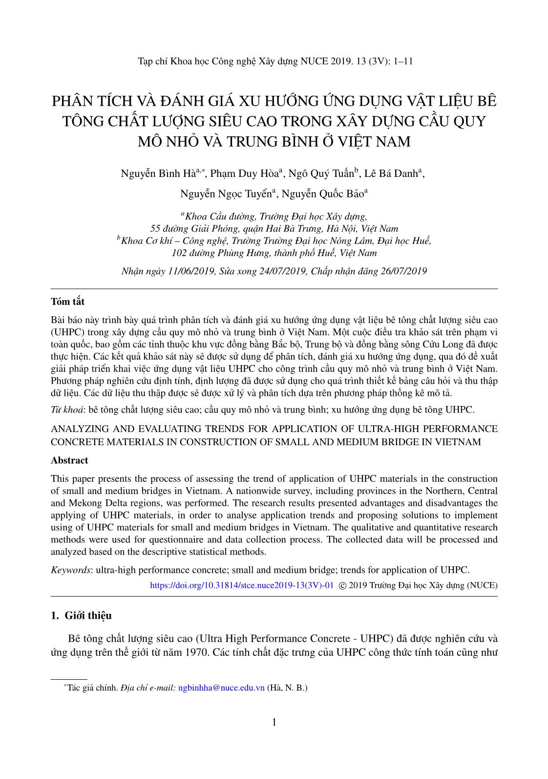 Phân tích và đánh giá xu hướng ứng dụng vật liệu bê tông chất lượng siêu cao trong xây dựng cầu quy mô nhỏ và trung bình ở Việt Nam trang 1