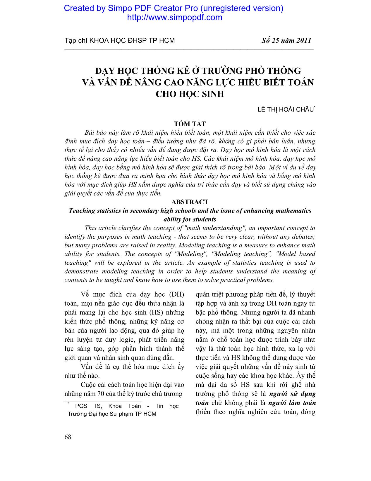 Dạy học thống kê ở trường phổ thông và vấn đề nâng cao năng lực hiểu biết toán cho học sinh trang 1