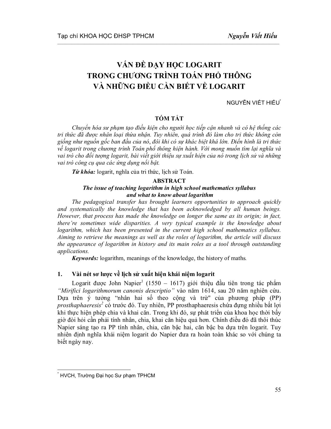 Vấn đề dạy học Logarit trong chương trình Toán phổ thông và những điều cần biết về Logarit trang 1